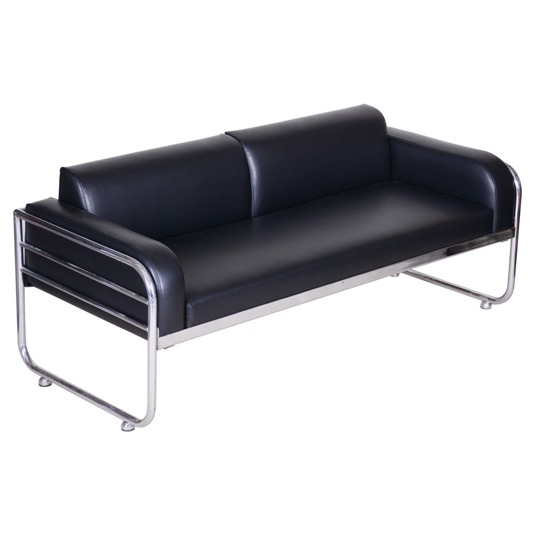 Fully Restored Bauhaus Leather and Chrome Sofa by Vichr a Spol, 1930s Czechia