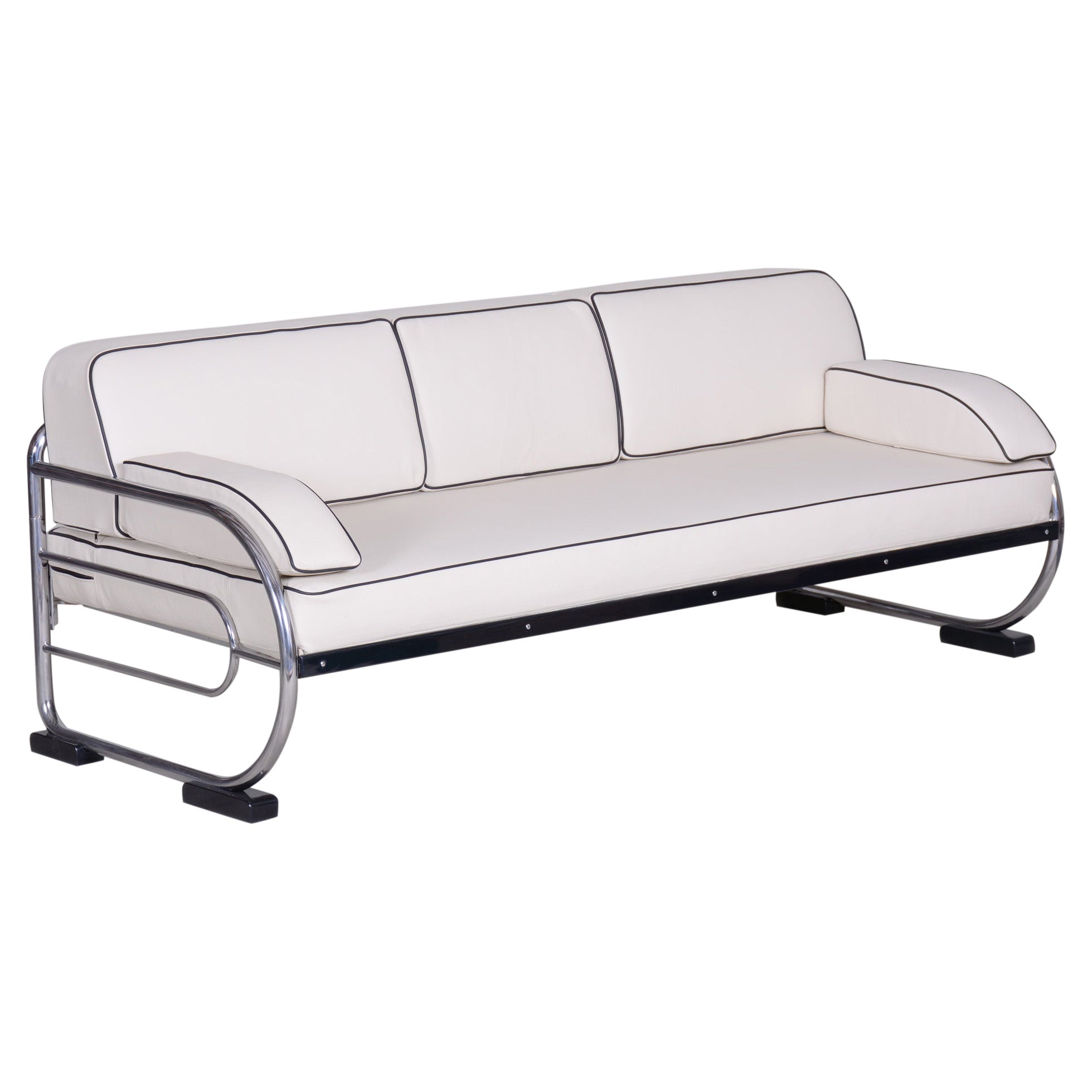 Canapé Bauhaus tubulaire chromé en cuir blanc entièrement restauré de Robert Slezk, années 1930