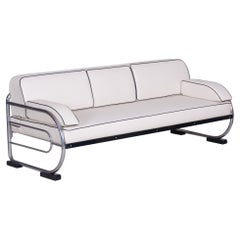 Canapé Bauhaus tubulaire chromé en cuir blanc entièrement restauré de Robert Slezk, années 1930