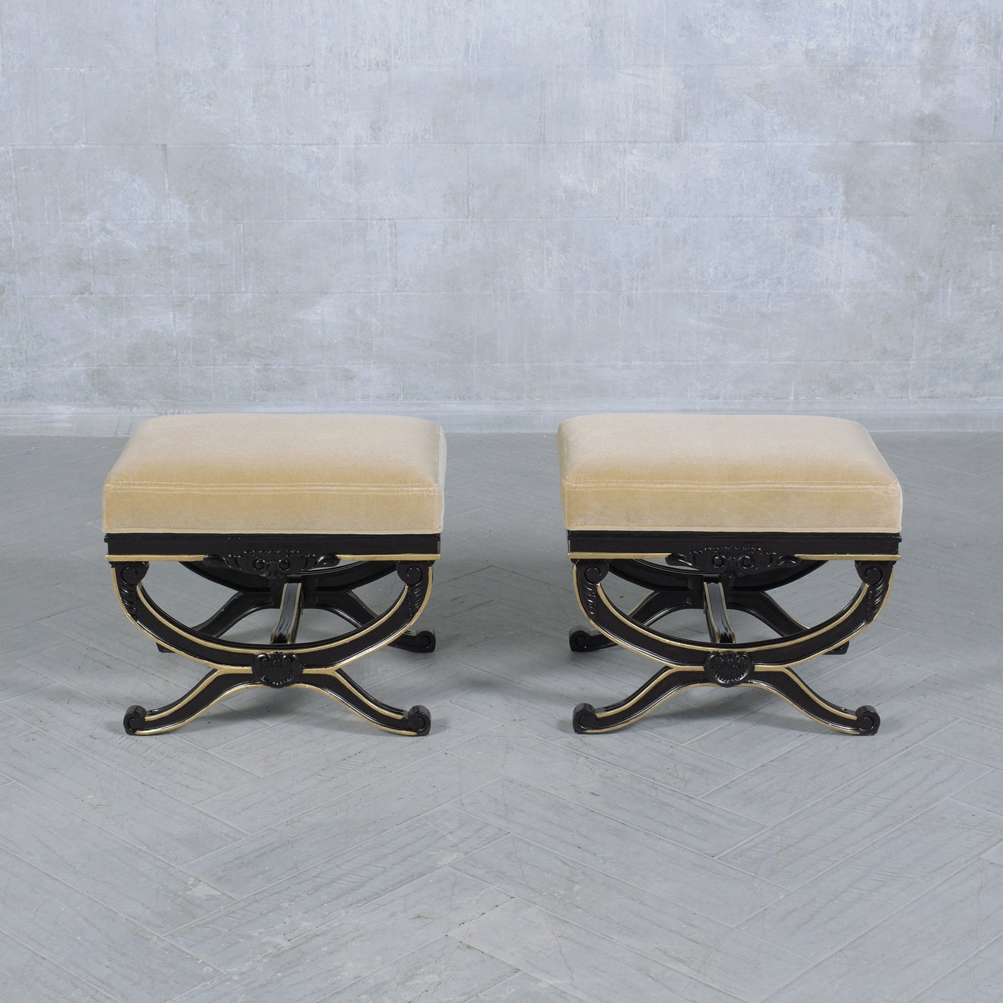 Introducing a charming pair of Vintage Regency Style Benches, masterfully handcrafted from solid wood and in great condition. These 1970s benches have been fully restored, refinished, and reupholstered by our in-house team of expert craftsmen.