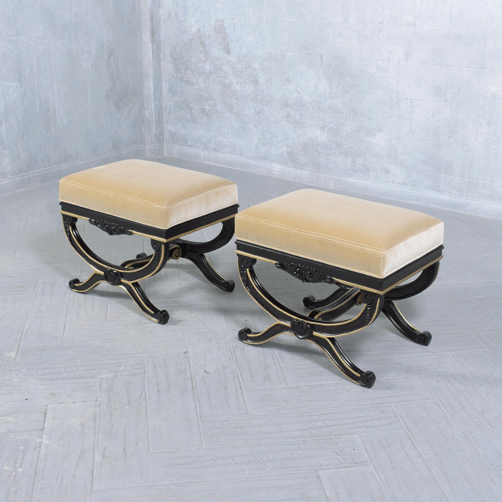 Hand-Crafted Fully Restored Beige Mohair Velvet 1970s Vintage Regency Style Benches