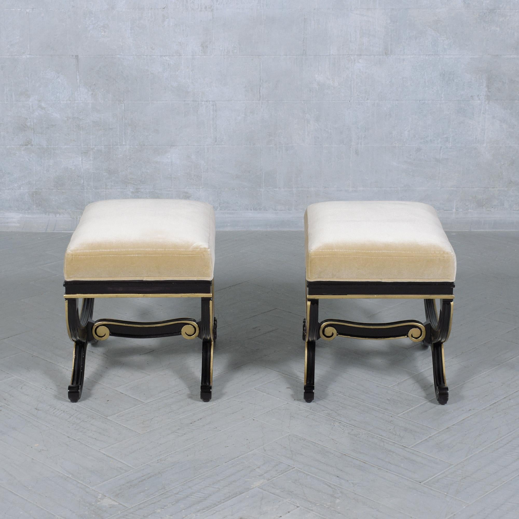 Late 20th Century Fully Restored Beige Mohair Velvet 1970s Vintage Regency Style Benches