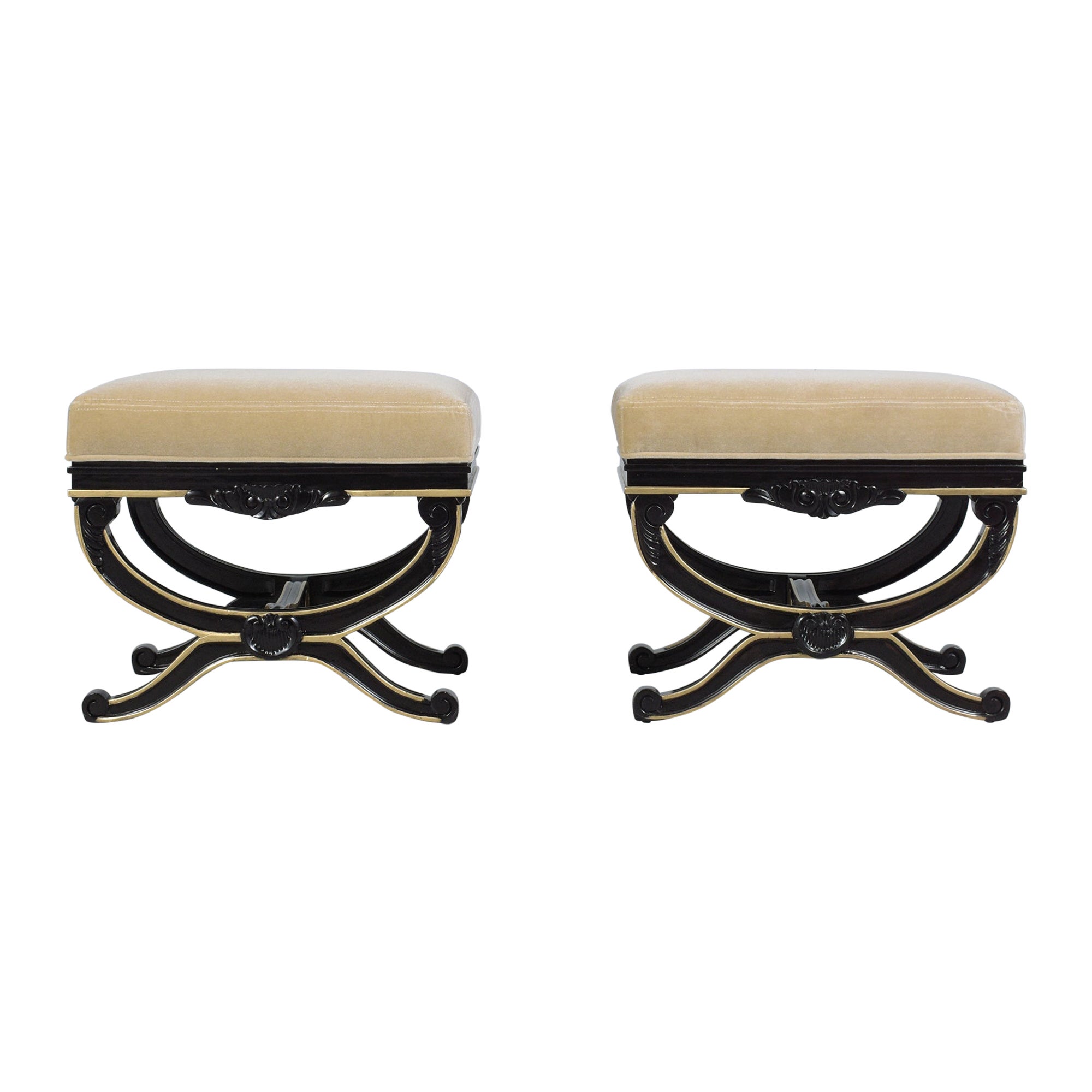 Fully Restored Beige Mohair Velvet 1970s Vintage Regency Style Benches