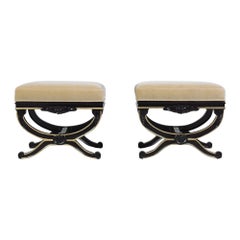 Fully Restored Beige Mohair Velvet 1970s Vintage Regency Style Benches