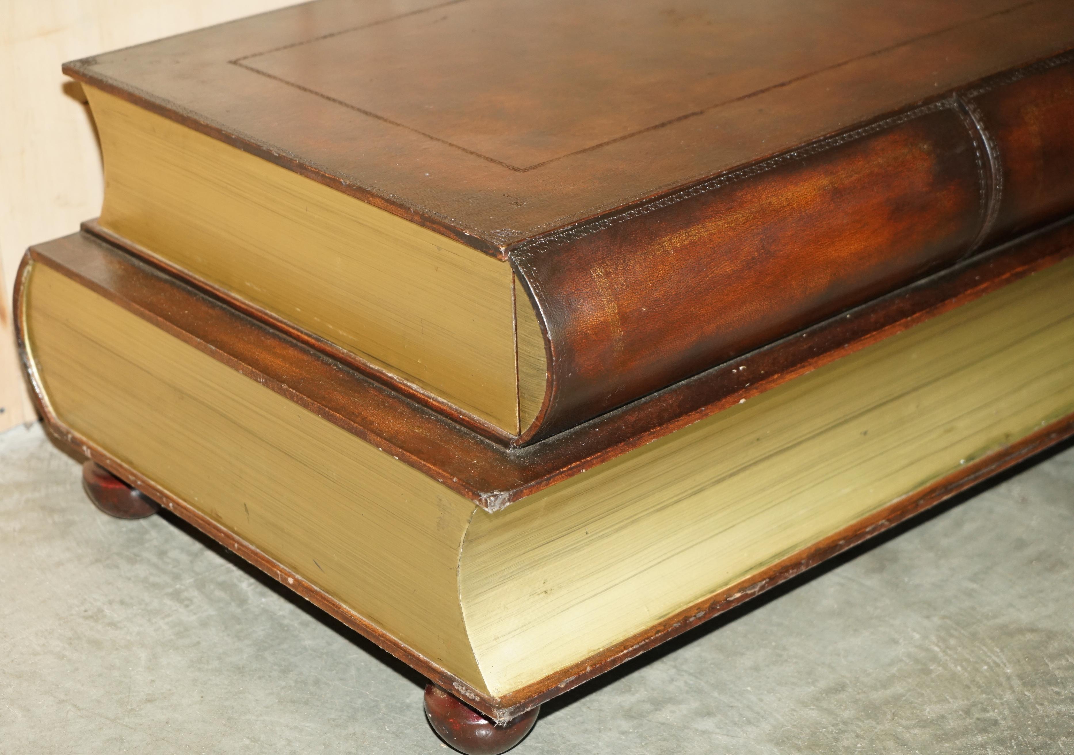 Hardwood FULLY RESTORED BROWN LEATHER SCHOLARS STACK OF BOOKCASE COFFEE TABLE DRAWERs For Sale