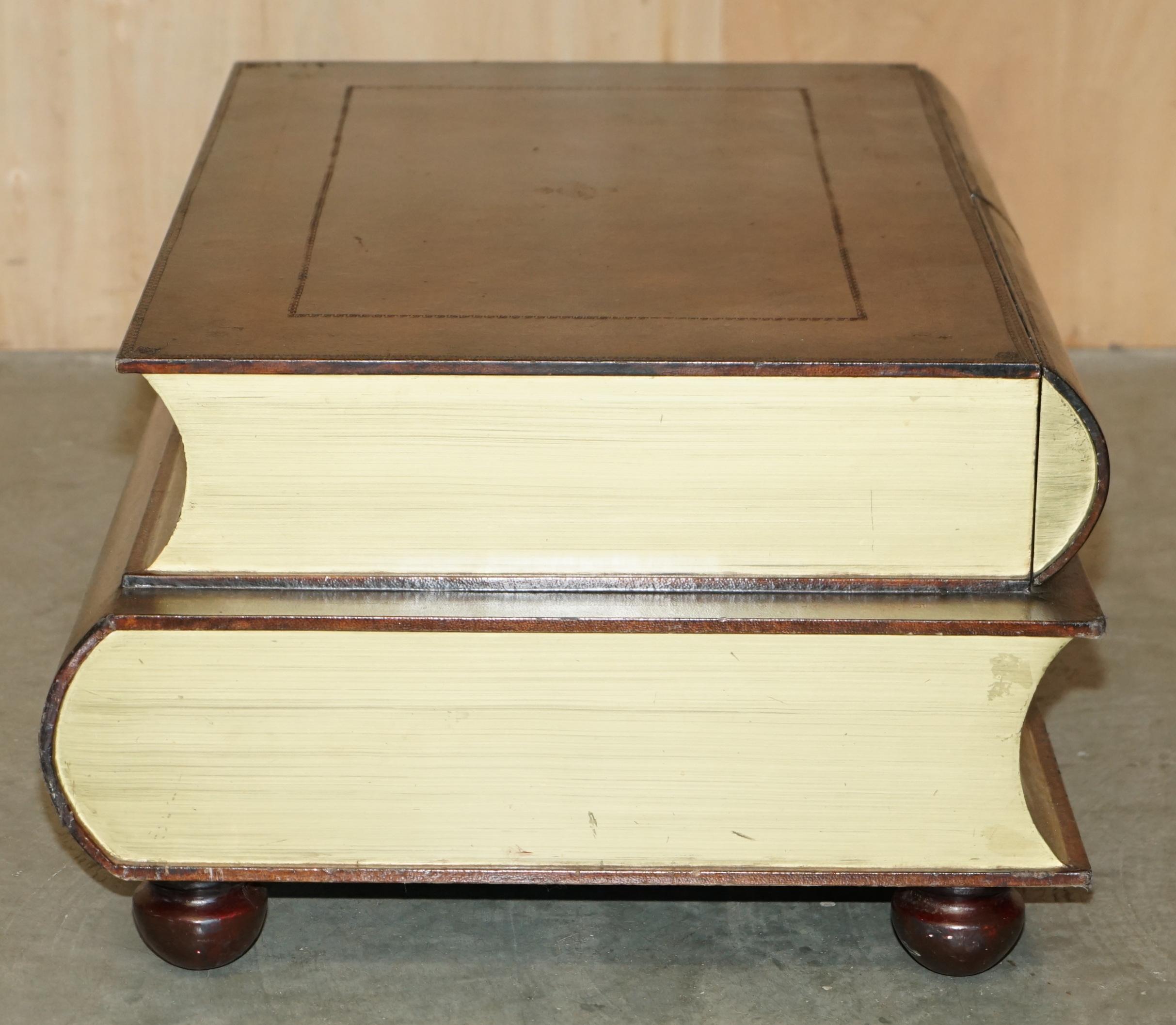 FULLY RESTORED BROWN LEATHER SCHOLARS STACK OF BOOKCASE COFFEE TABLE DRAWERs For Sale 1