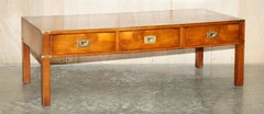 Fully Restored Burr & Burl Yew Brass Military Campaign 3 Drawer Coffee Table