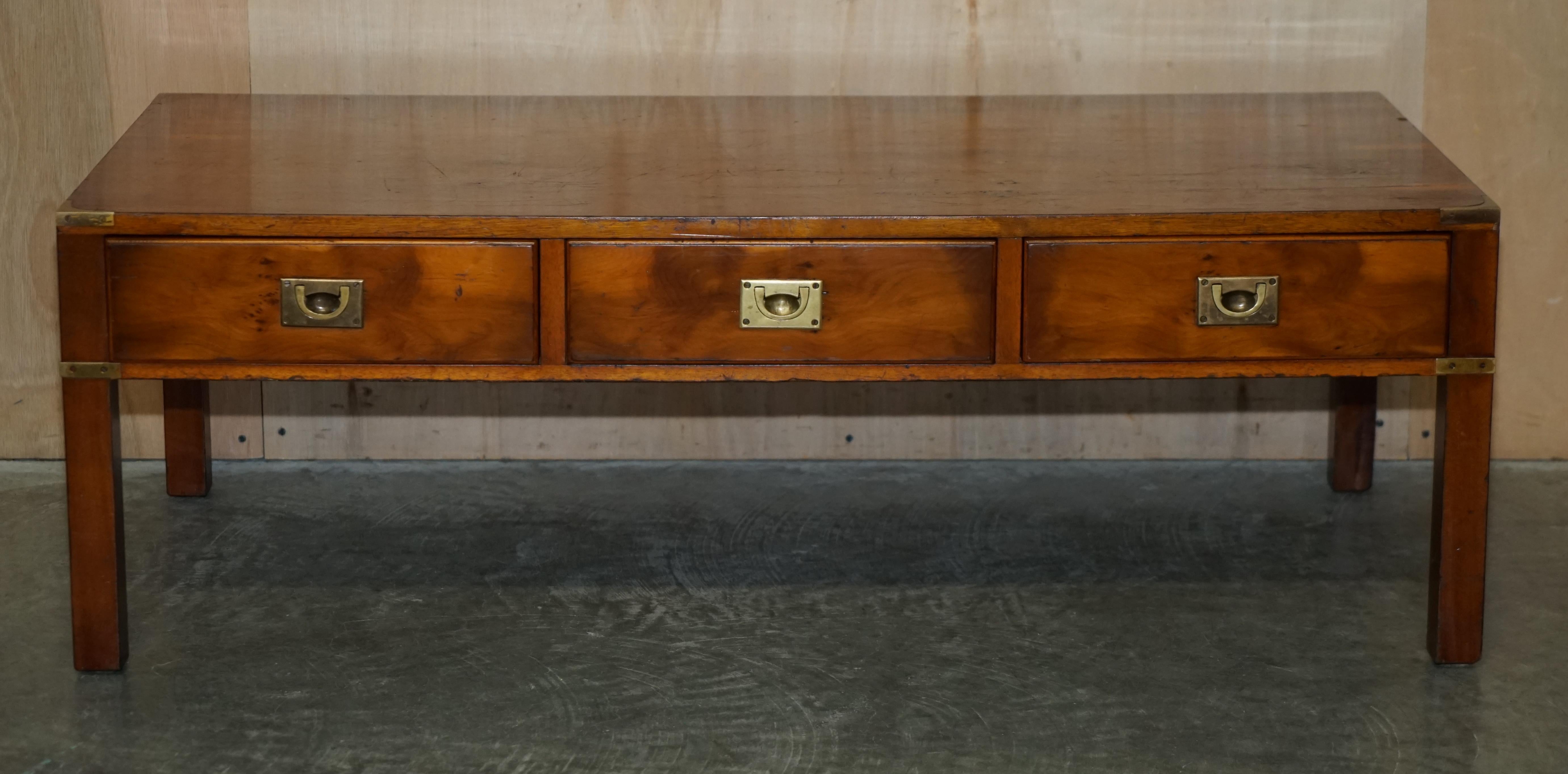 English Fully Restored Burr & Burl Yew Brass Military Campaign 3 Drawer Coffee Table For Sale