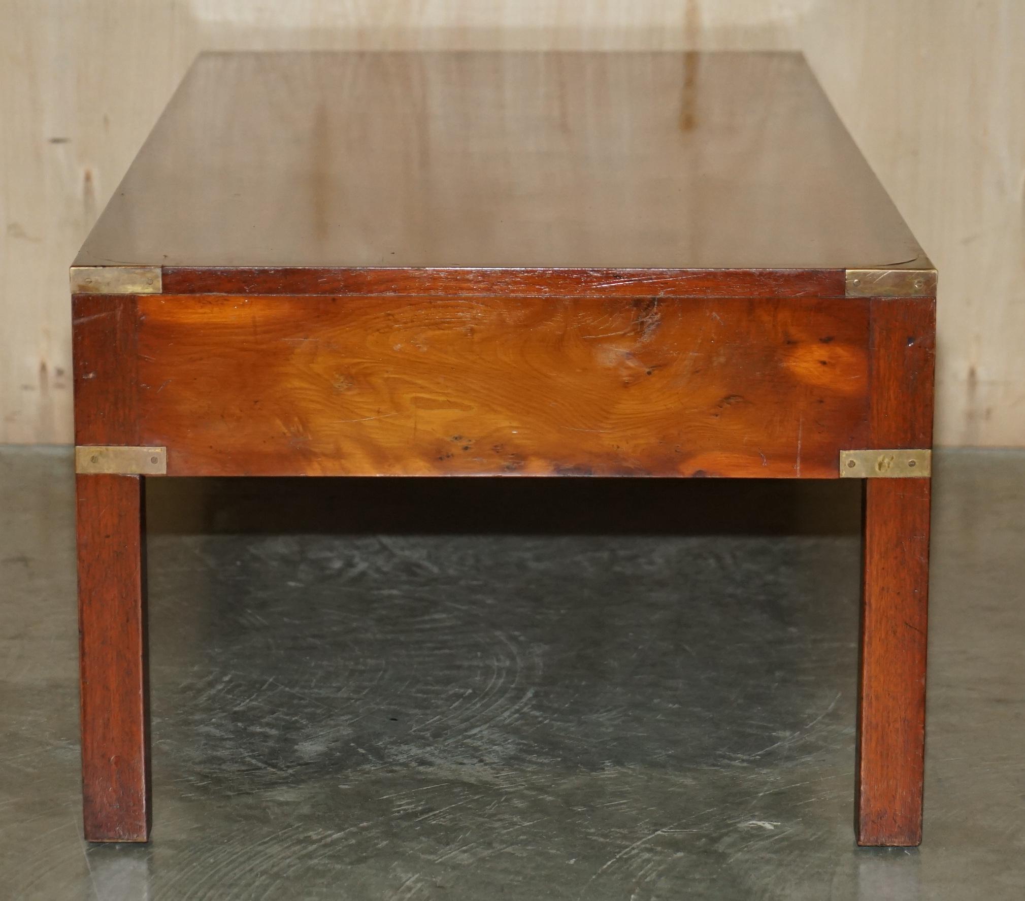 Fully Restored Burr Yew & Elm Brass Military Campaign 3 Drawer Coffee Table For Sale 11