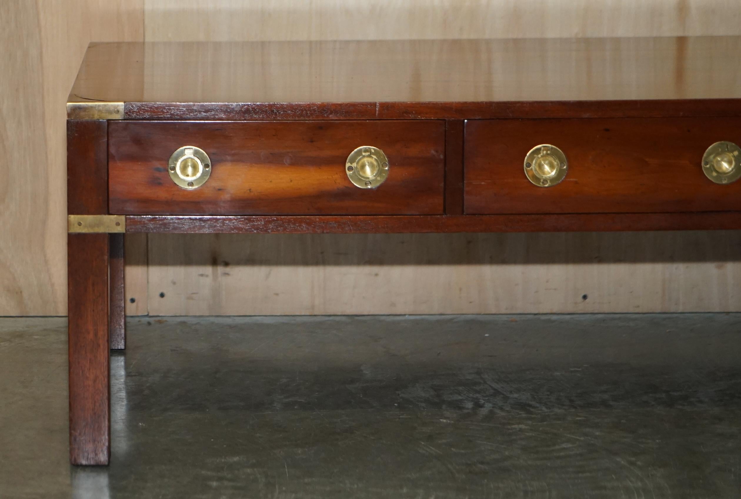 English Fully Restored Burr Yew & Elm Brass Military Campaign 3 Drawer Coffee Table For Sale