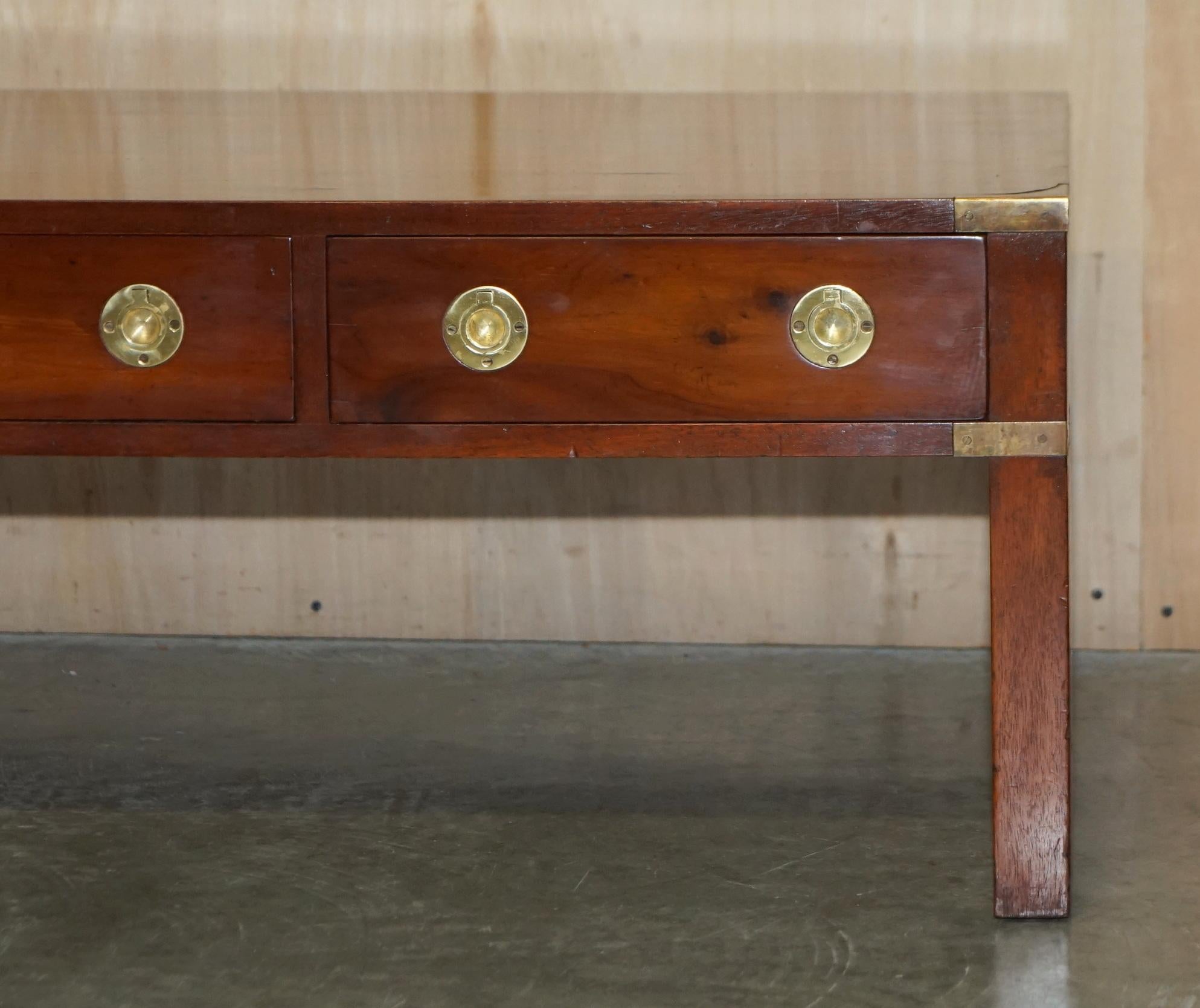 Hand-Crafted Fully Restored Burr Yew & Elm Brass Military Campaign 3 Drawer Coffee Table For Sale