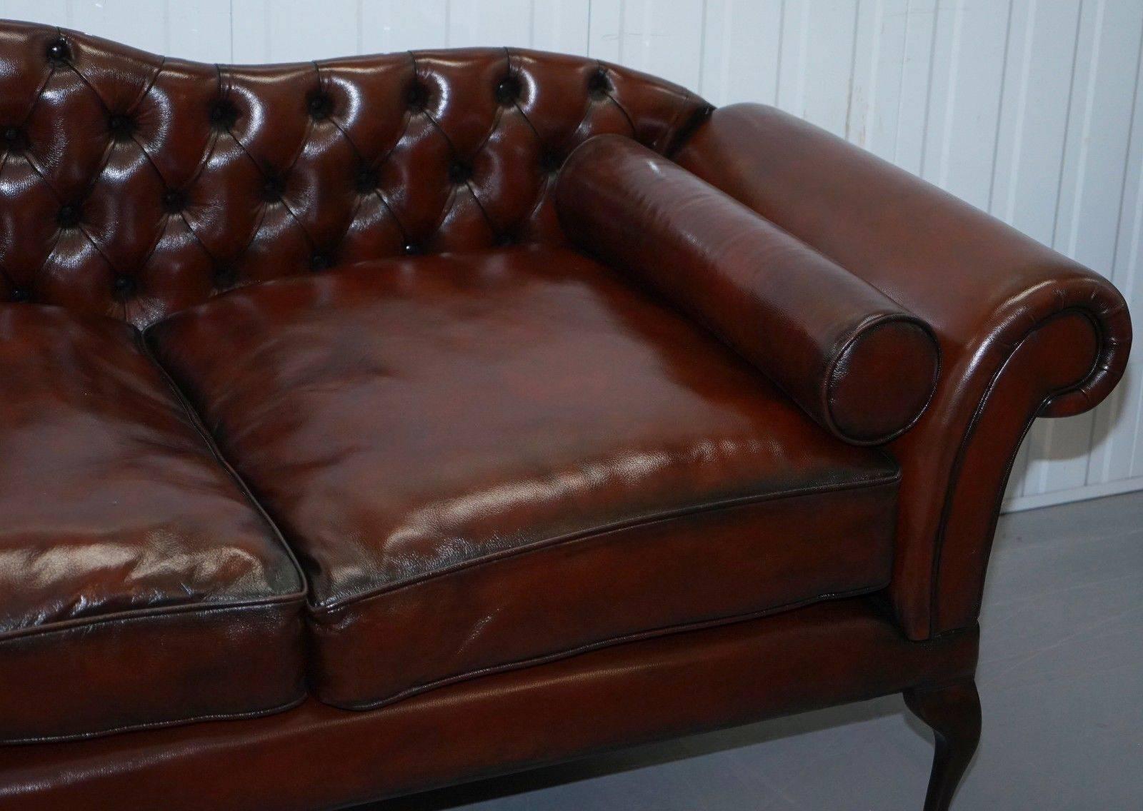 British Fully Restored Chesterfield Buttoned Cigar Brown Leather Chaise Longue Sofa