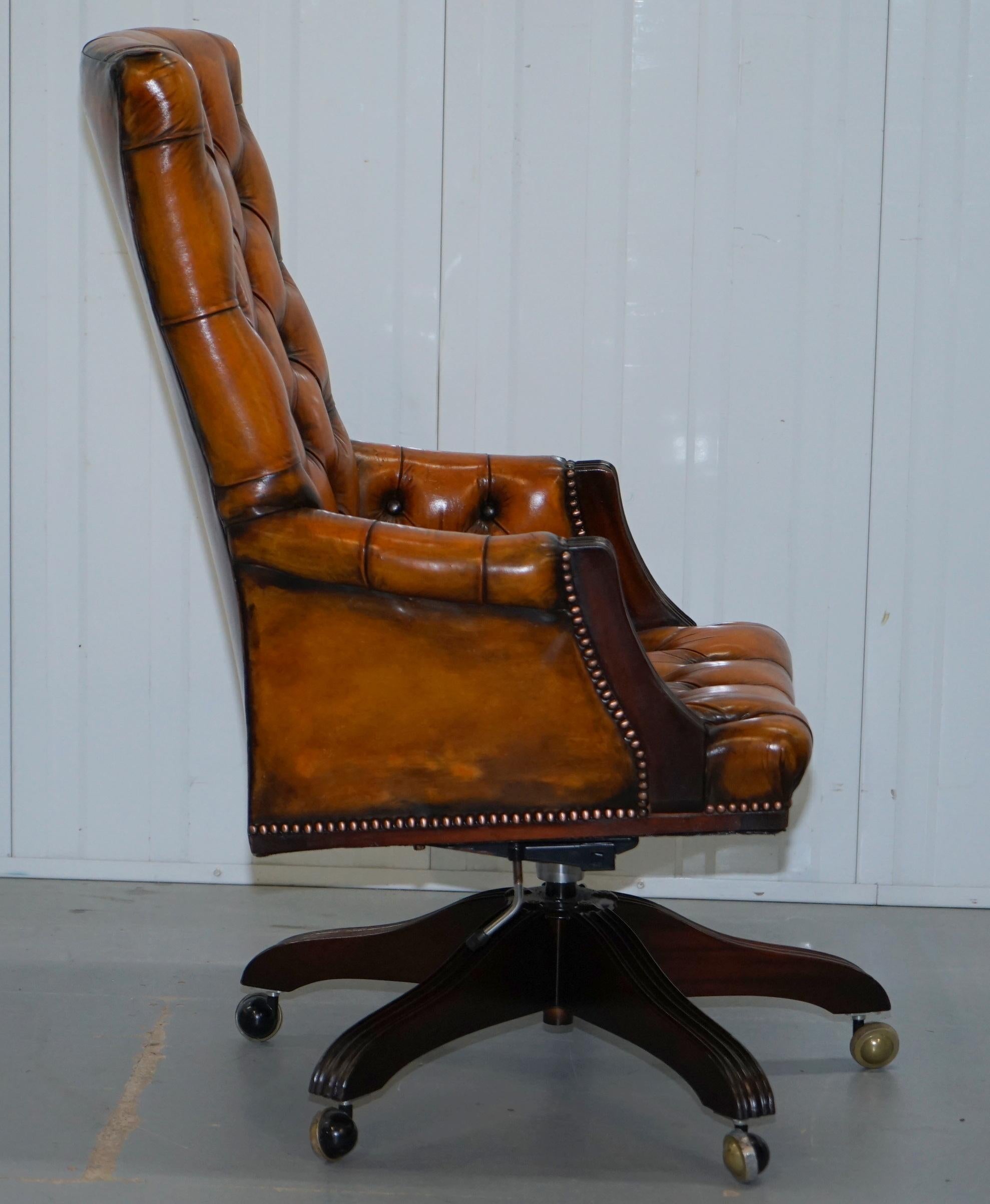 Fully Restored Chesterfield Captains Office Chair Hand Dyed Cigar Brown Leather 5
