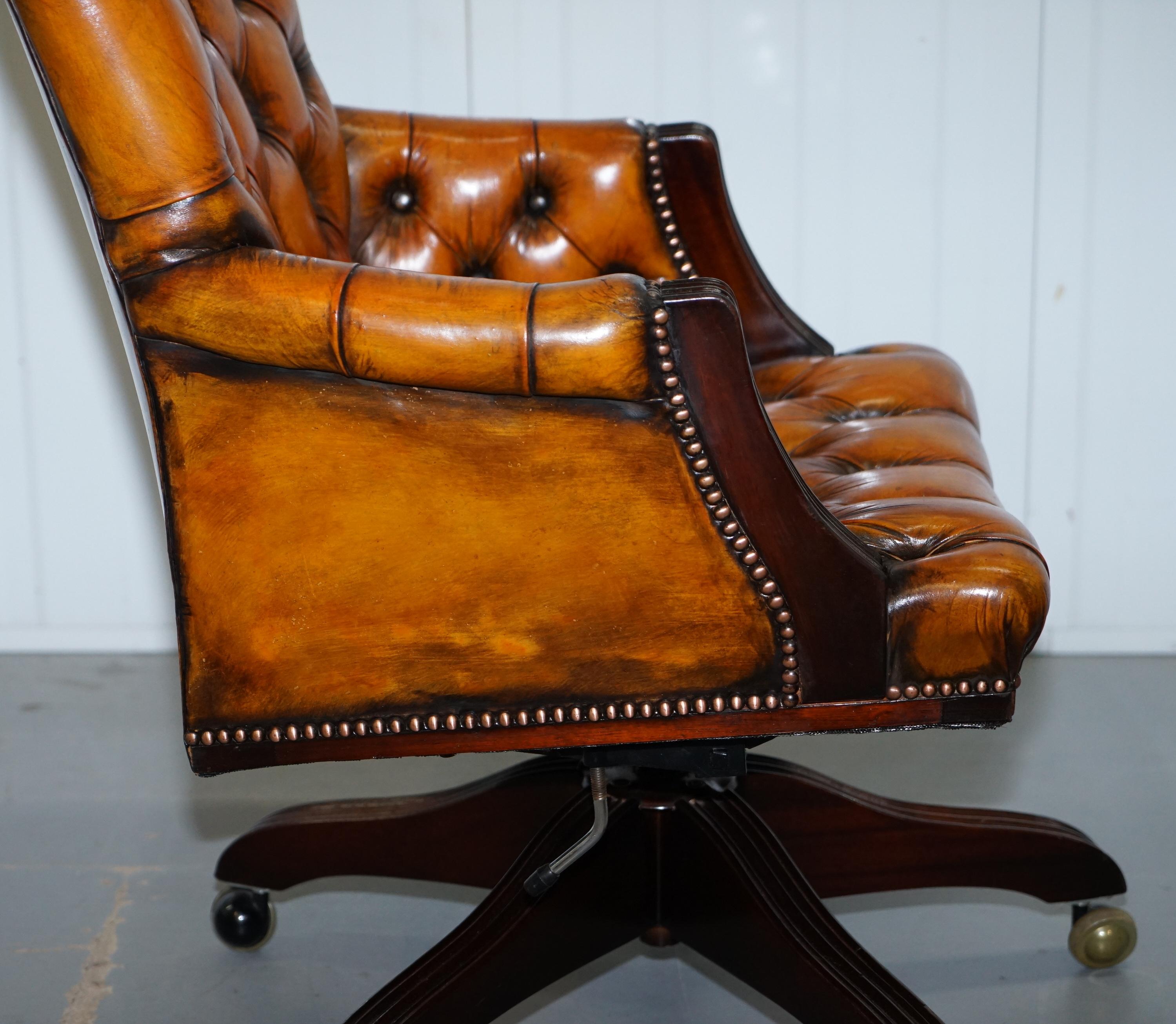 Fully Restored Chesterfield Captains Office Chair Hand Dyed Cigar Brown Leather 6