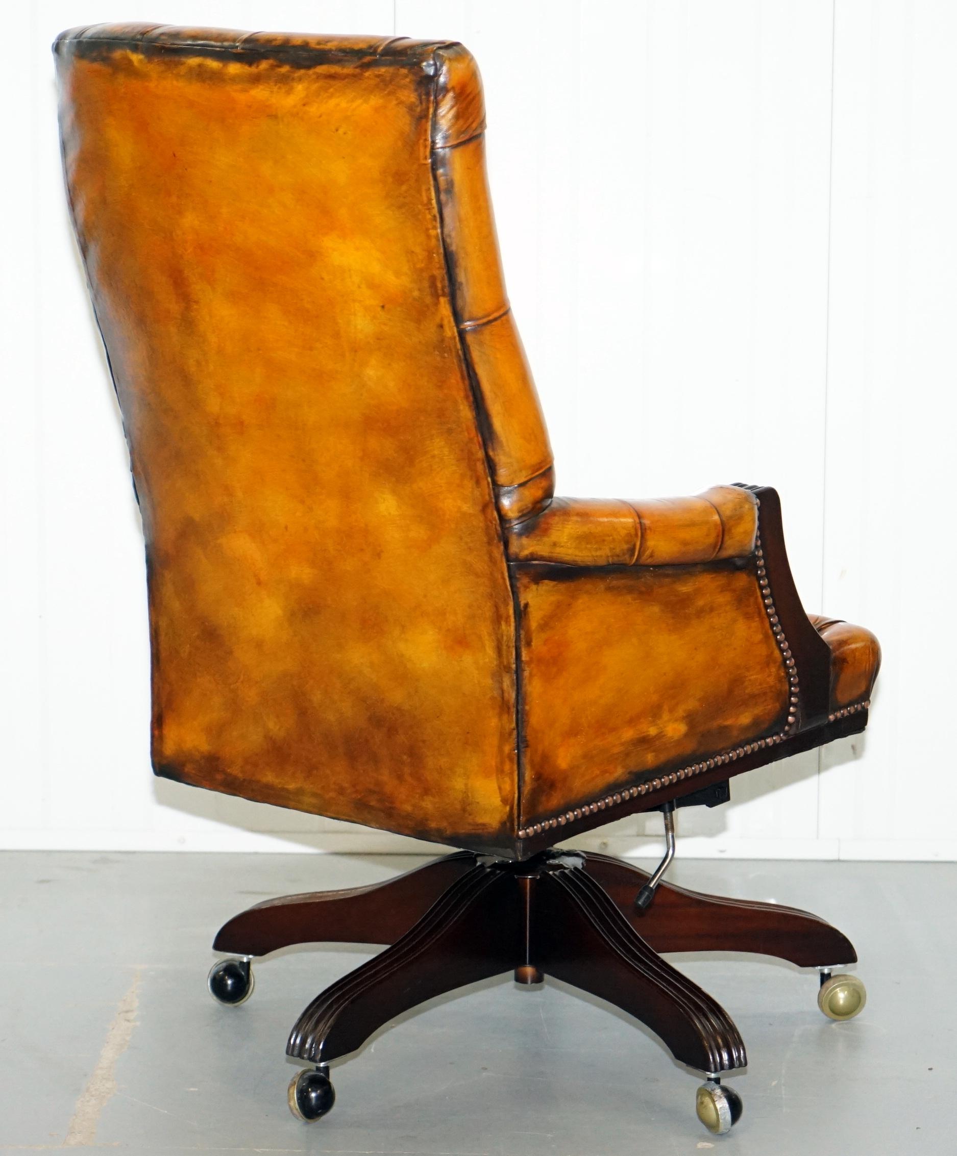 Fully Restored Chesterfield Captains Office Chair Hand Dyed Cigar Brown Leather 7