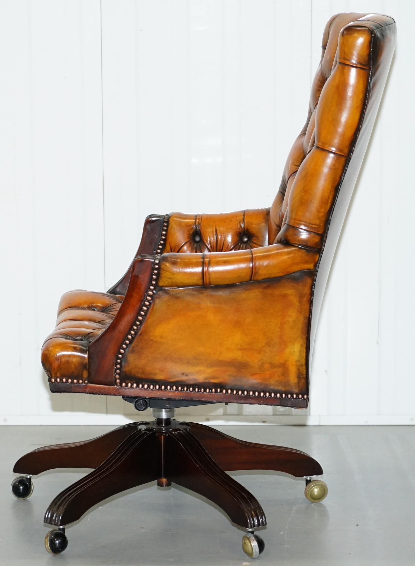 Fully Restored Chesterfield Captains Office Chair Hand Dyed Cigar Brown Leather 9