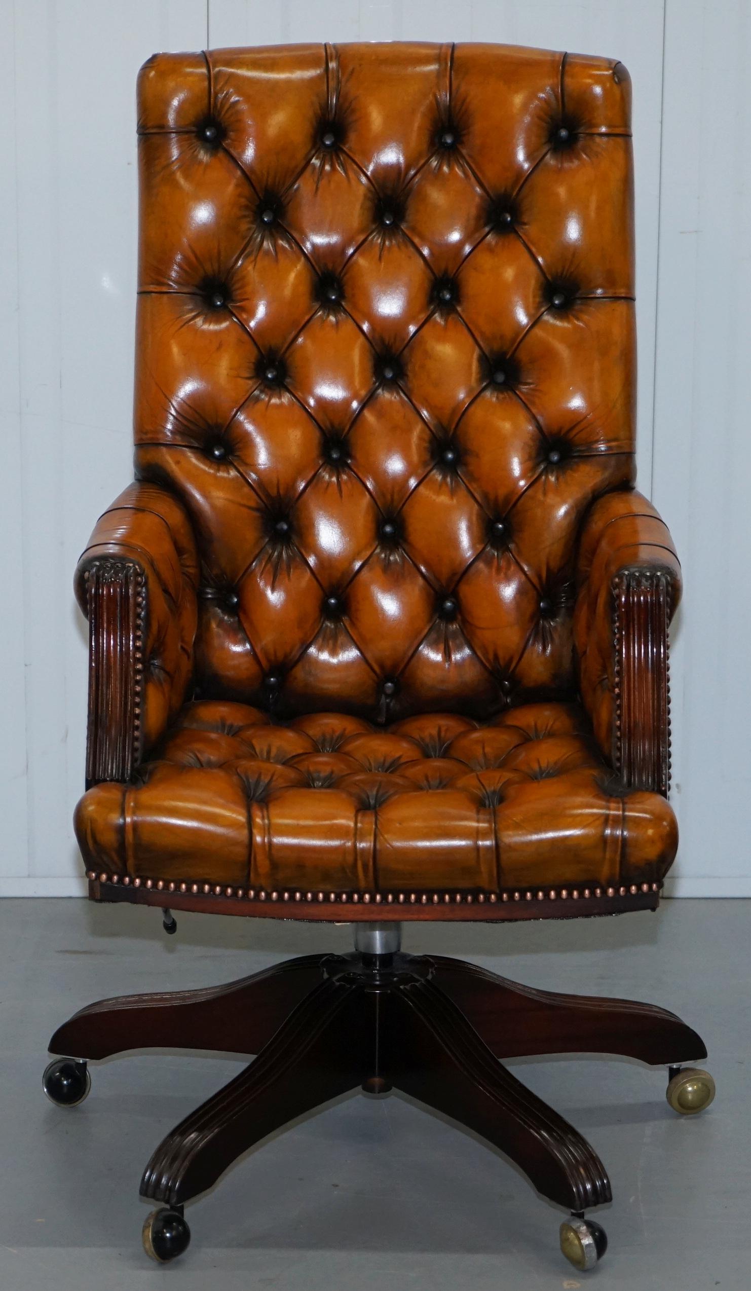 We are delighted to offer for sale this lovely original Wade upholstery fully restored Chesterfield aged cigar brown leather captain’s office directors chairs

This is pretty much the most comfortable office captain’s chair on the market today,