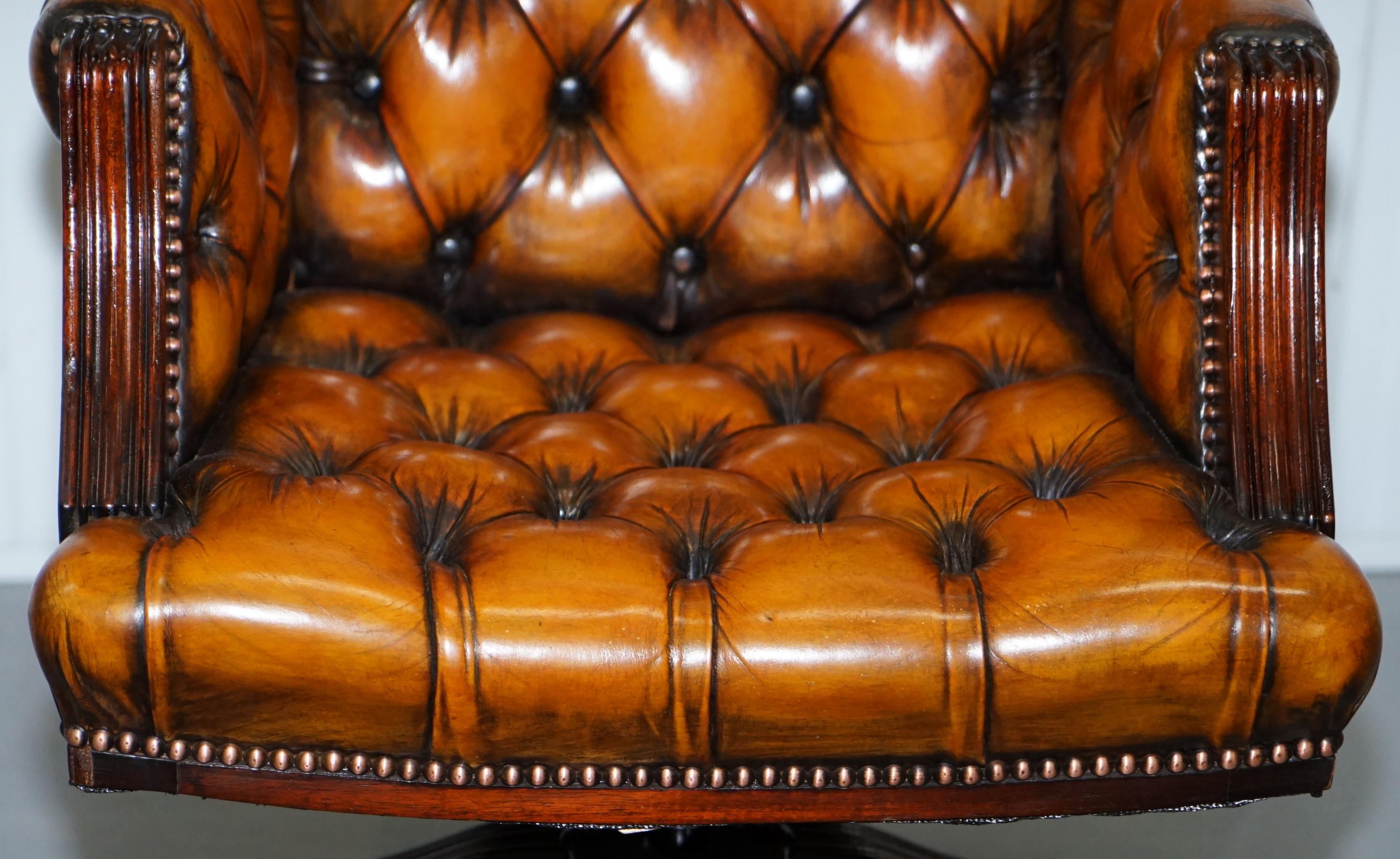 British Fully Restored Chesterfield Captains Office Chair Hand Dyed Cigar Brown Leather