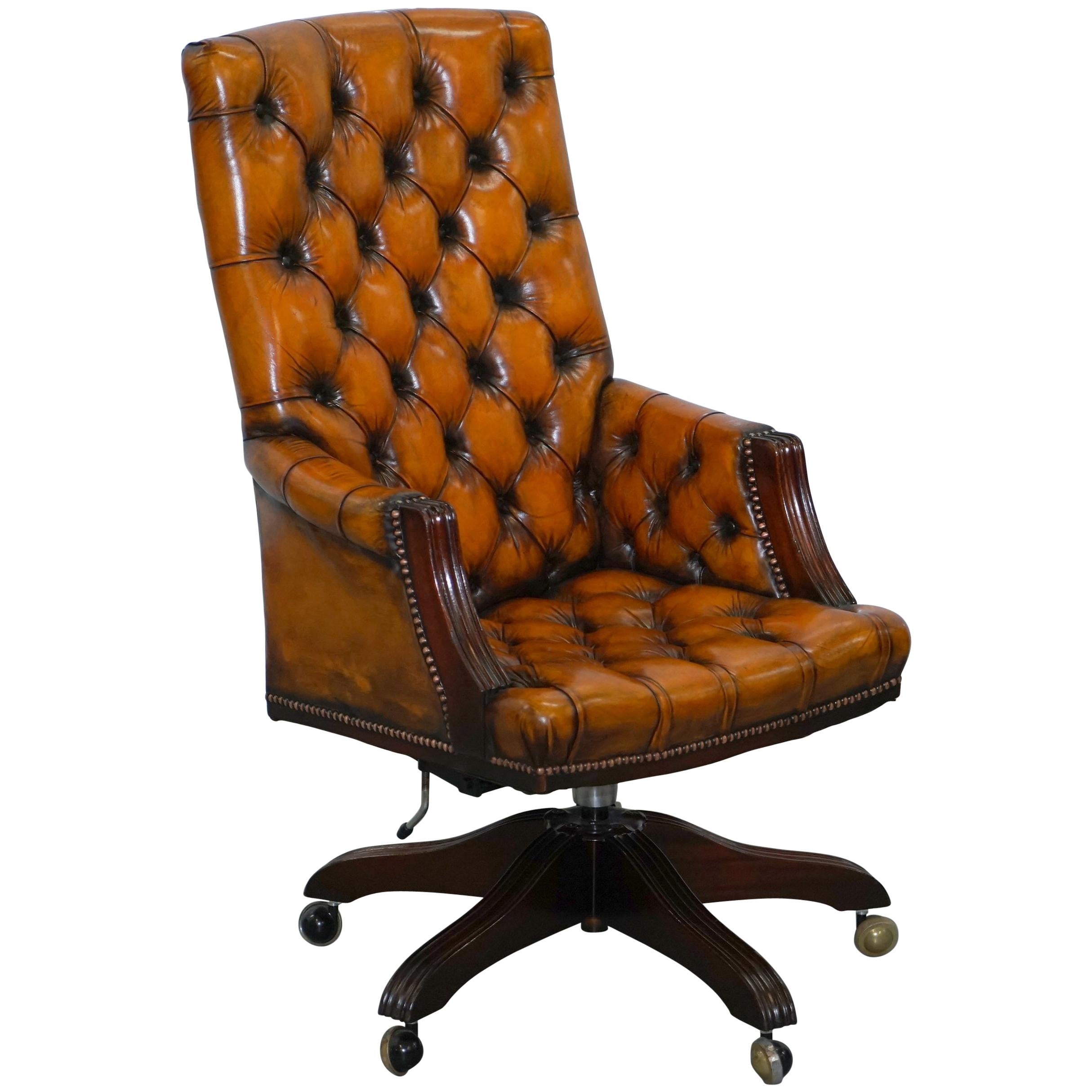 Fully Restored Chesterfield Captains Office Chair Hand Dyed Cigar Brown Leather