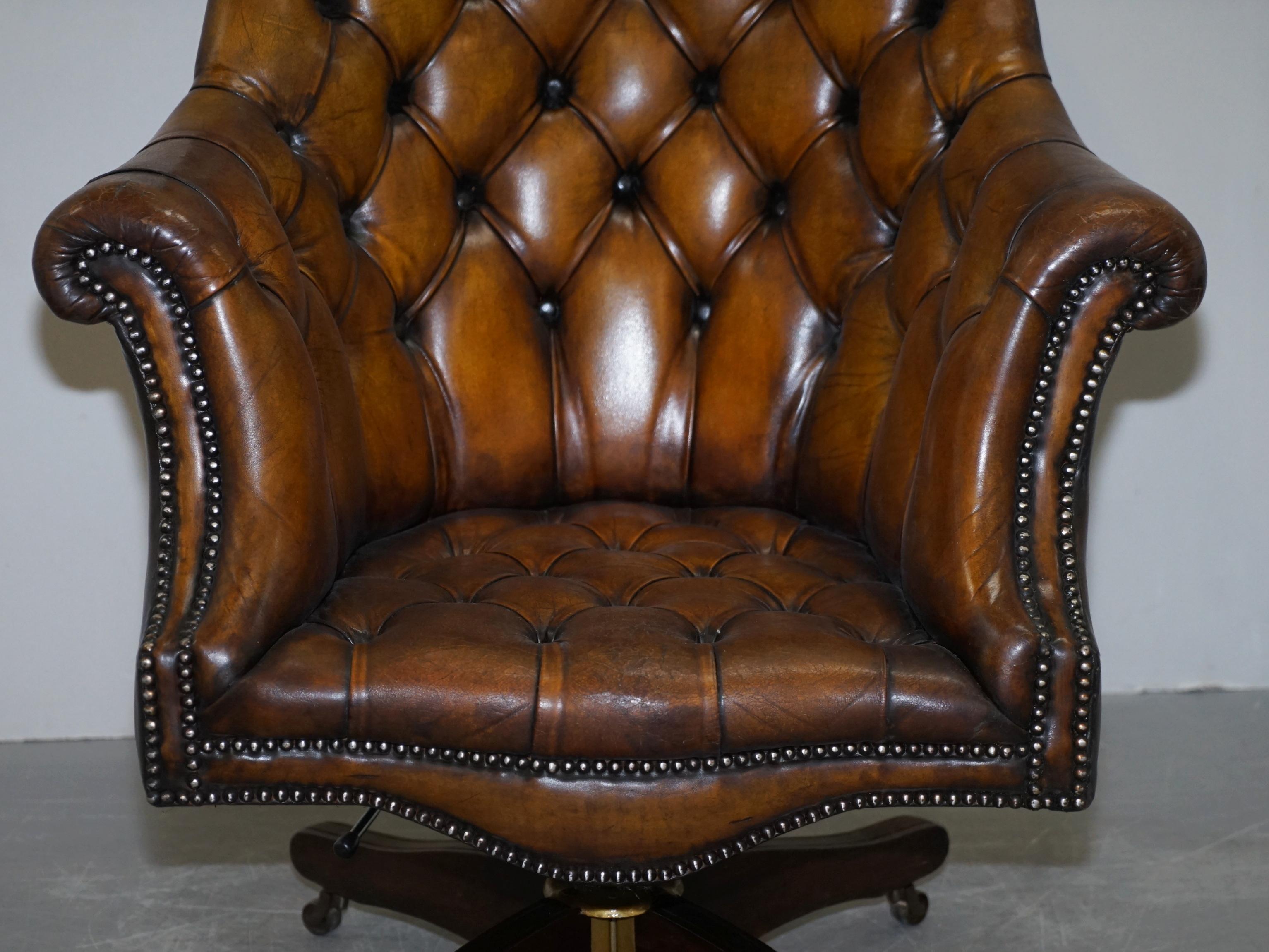 Fully Restored Cigar Brown Leather Chesterfield Captains Directors Armchair 2