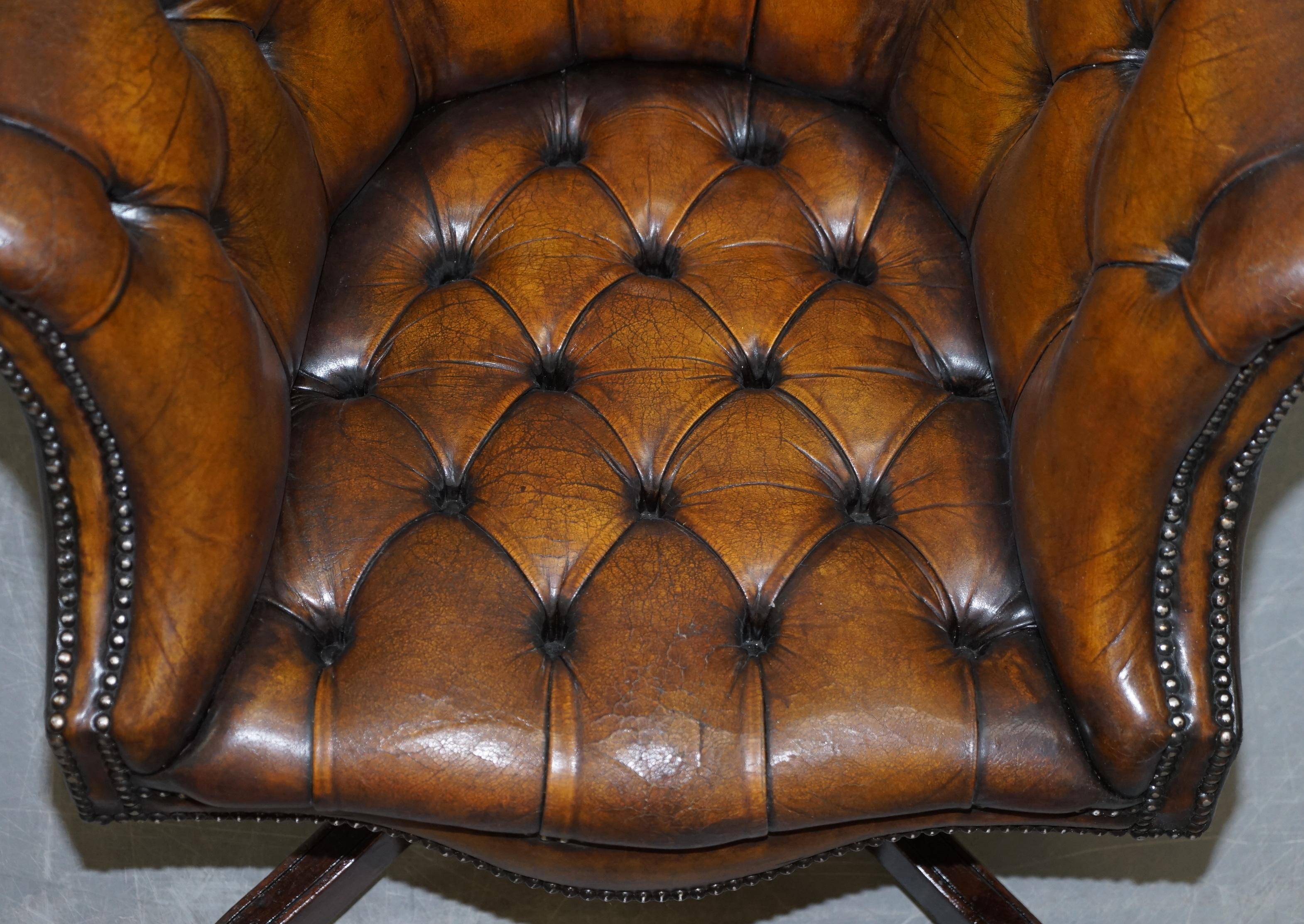 British Fully Restored Cigar Brown Leather Chesterfield Captains Directors Armchair