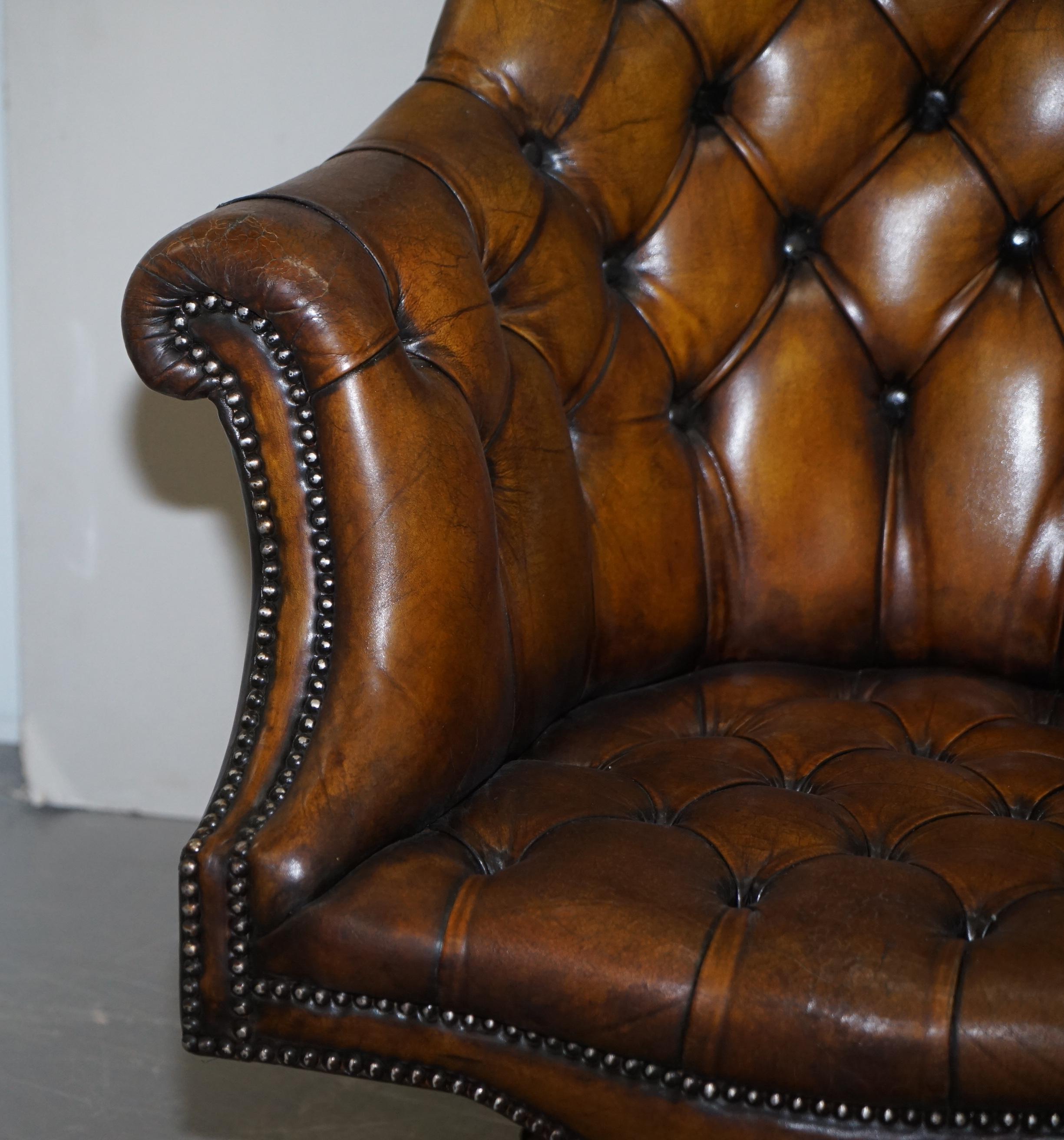 Fully Restored Cigar Brown Leather Chesterfield Captains Directors Armchair 1