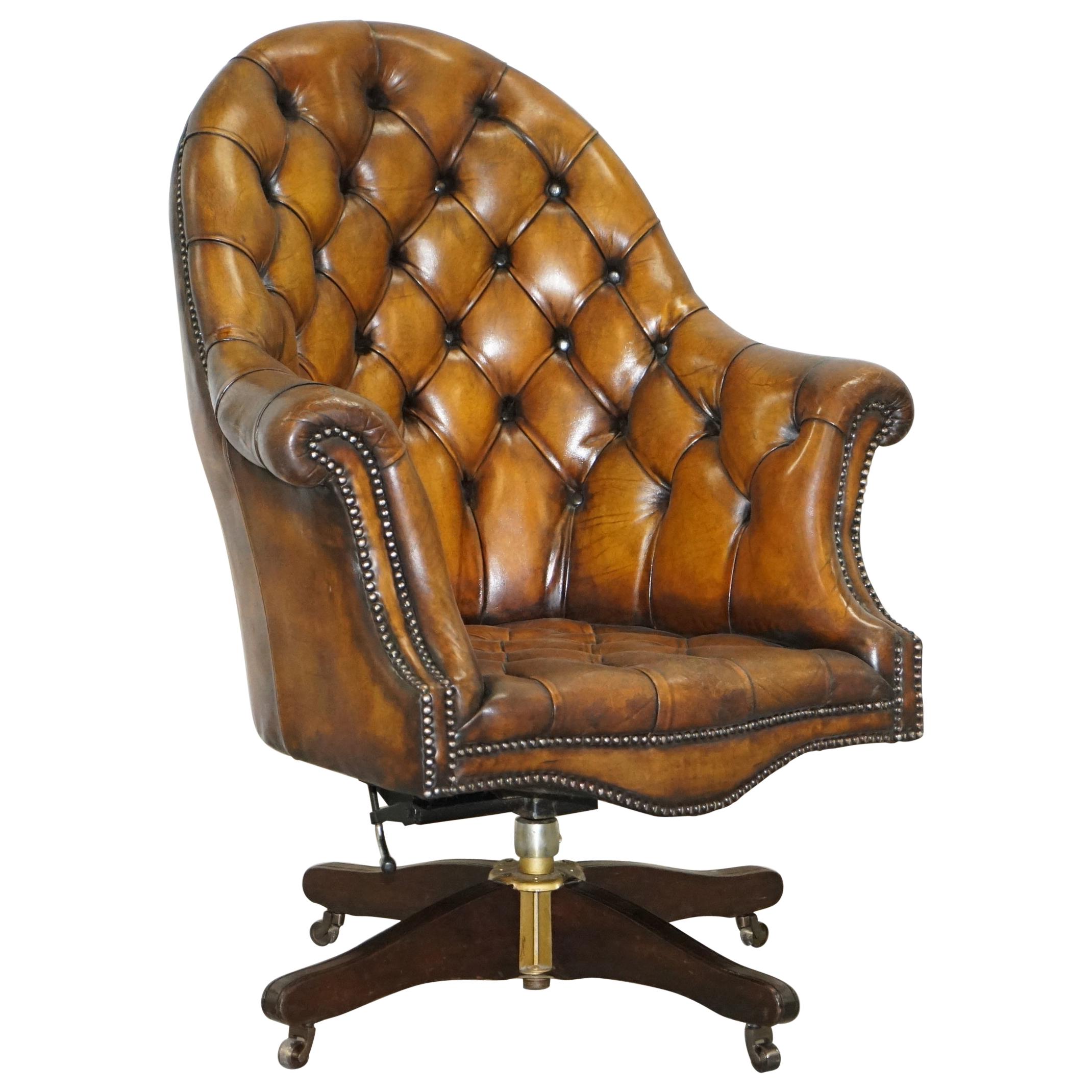 Fully Restored Cigar Brown Leather Chesterfield Captains Directors Armchair