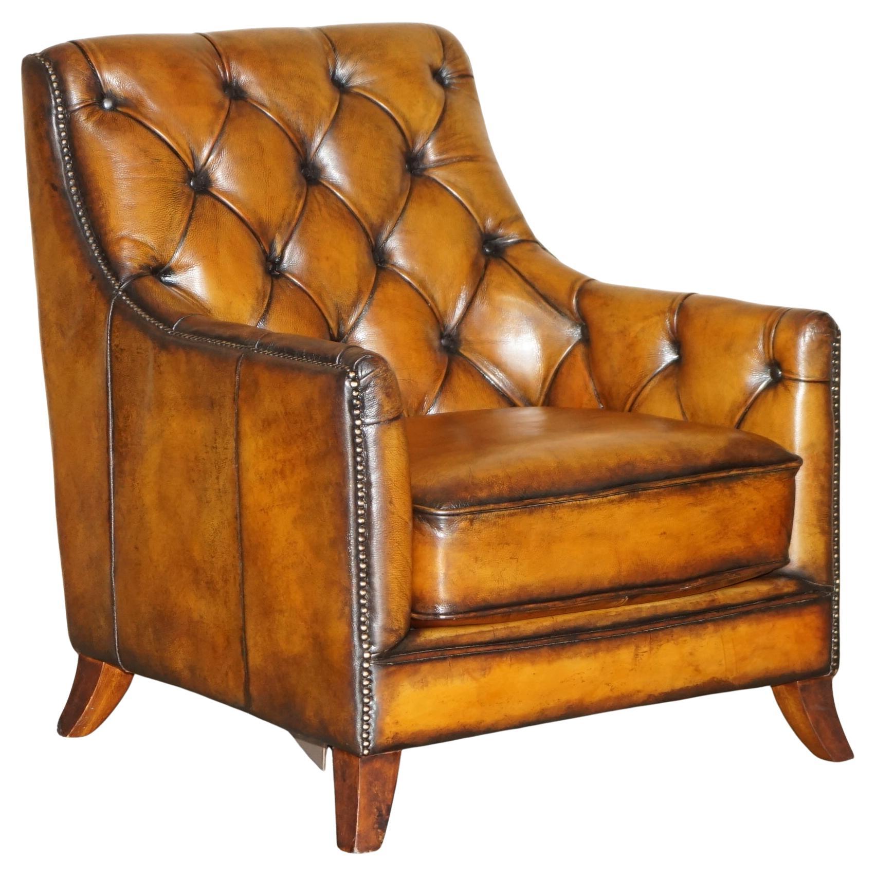 ARMCHAiR CIGAR BRUN CUIR CHESTERFIELD TUFTE LIBRARY entièrement restauré