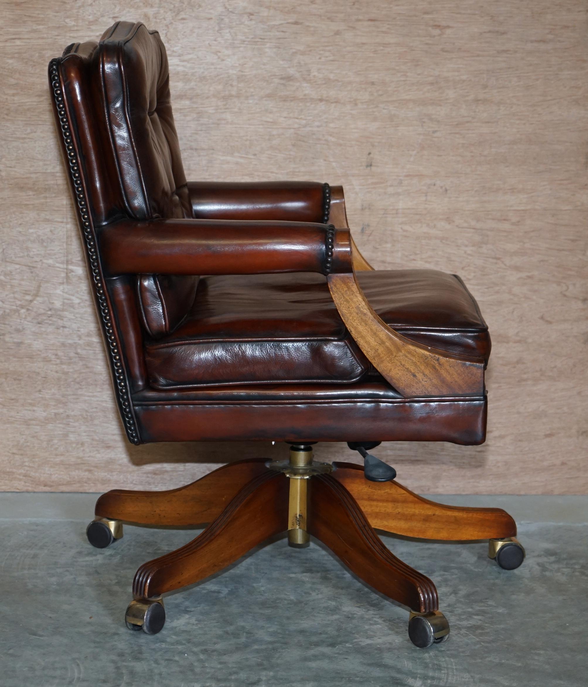 Fully Restored Cigar Brown Leather Oak Framed Chesterfield Captains Armchair 10