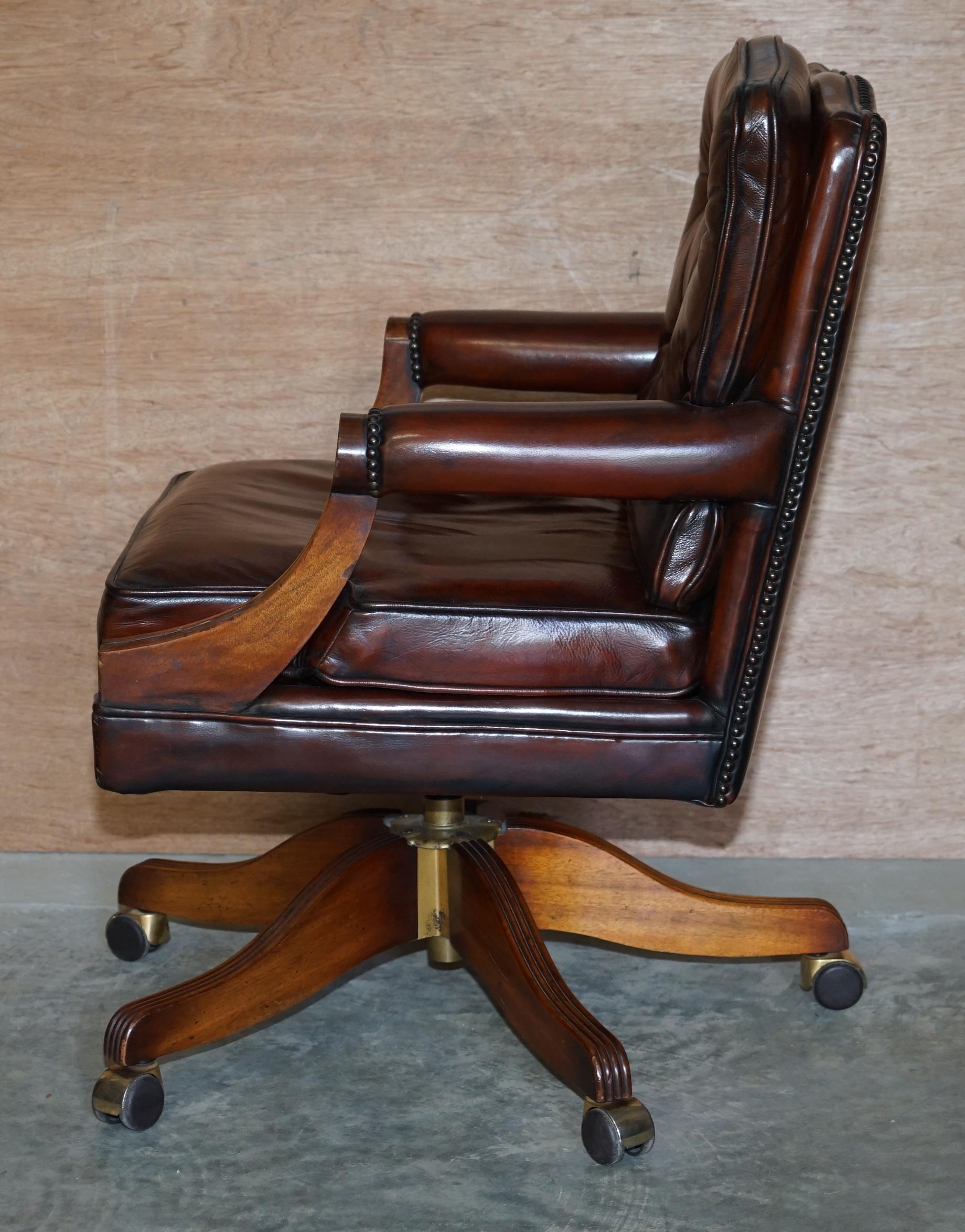 Fully Restored Cigar Brown Leather Oak Framed Chesterfield Captains Armchair 14
