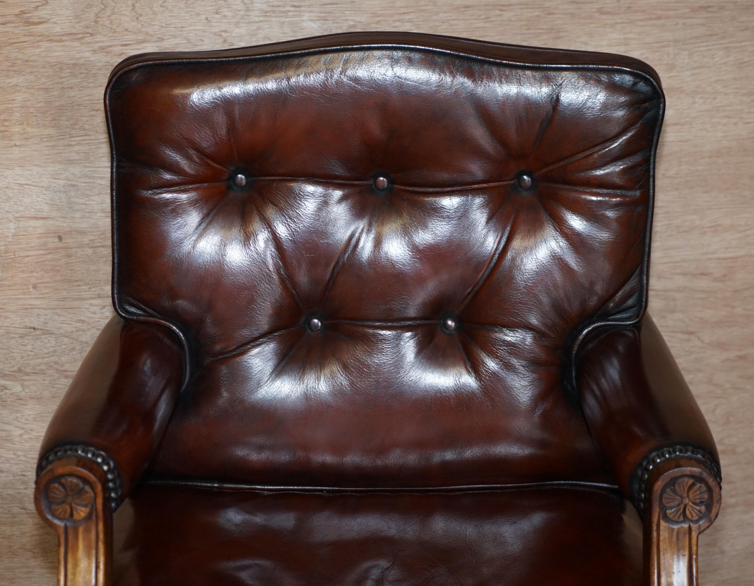 English Fully Restored Cigar Brown Leather Oak Framed Chesterfield Captains Armchair