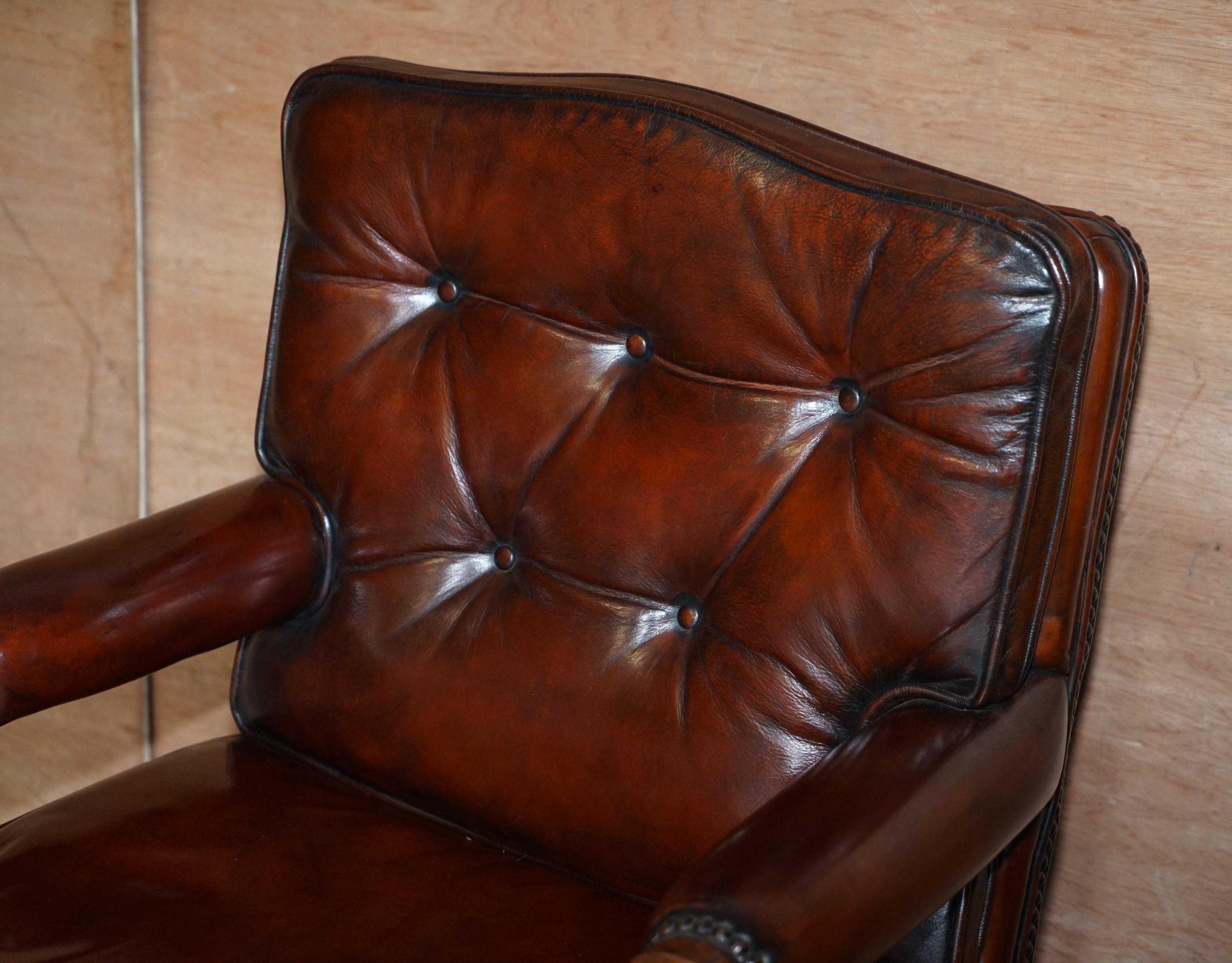 Hand-Crafted Fully Restored Cigar Brown Leather Oak Framed Chesterfield Captains Armchair