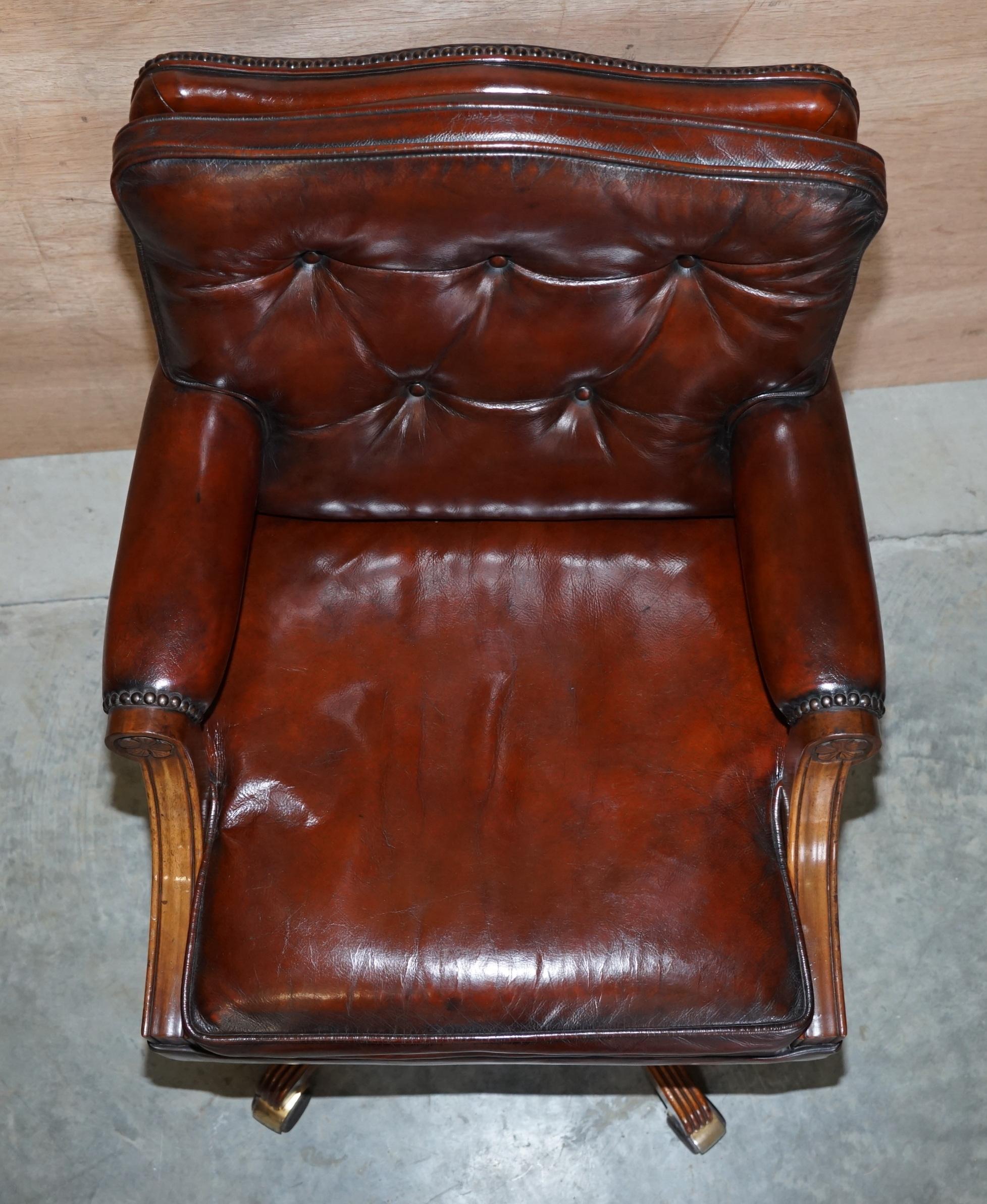 Fully Restored Cigar Brown Leather Oak Framed Chesterfield Captains Armchair 1