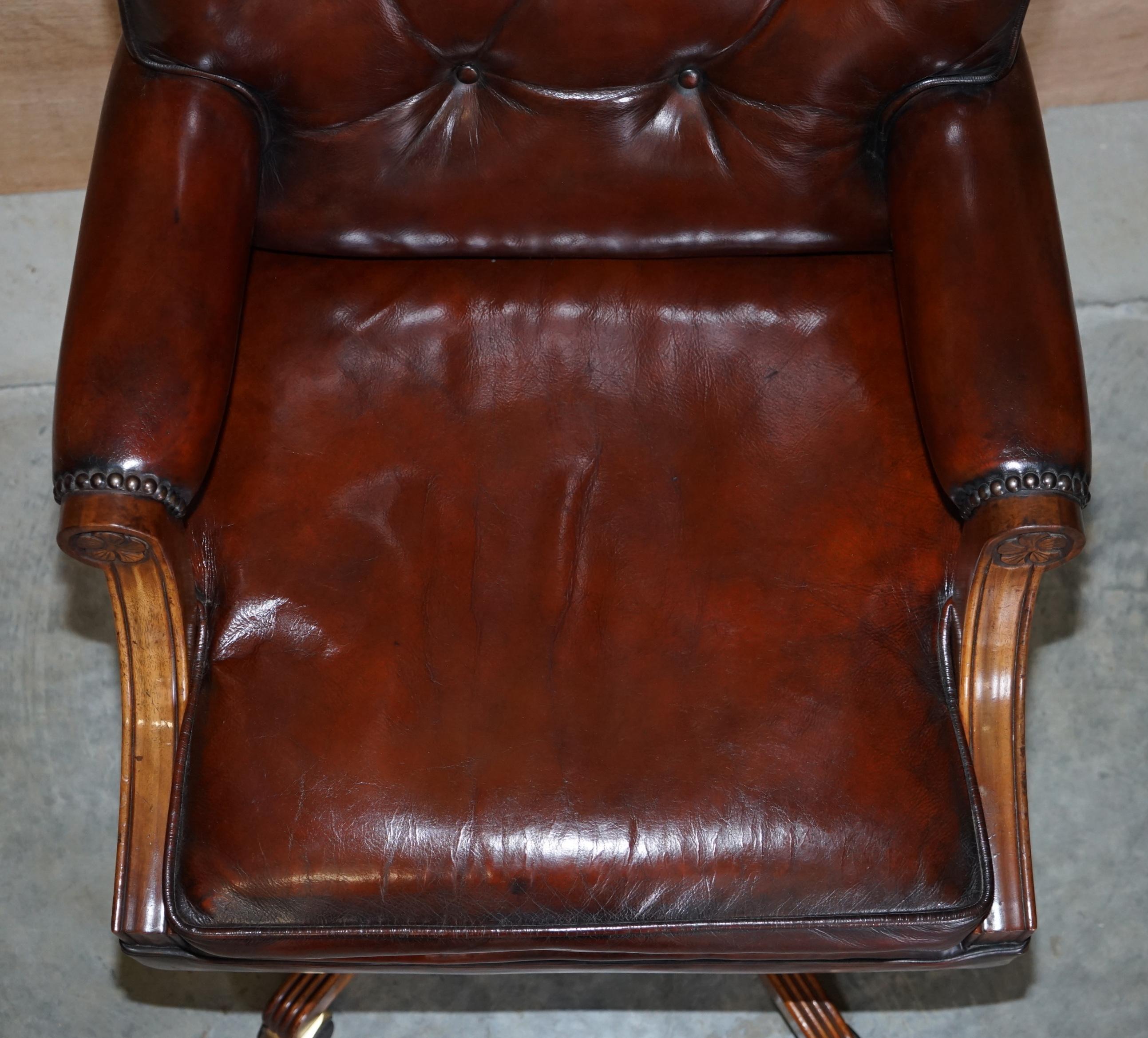 Fully Restored Cigar Brown Leather Oak Framed Chesterfield Captains Armchair 2
