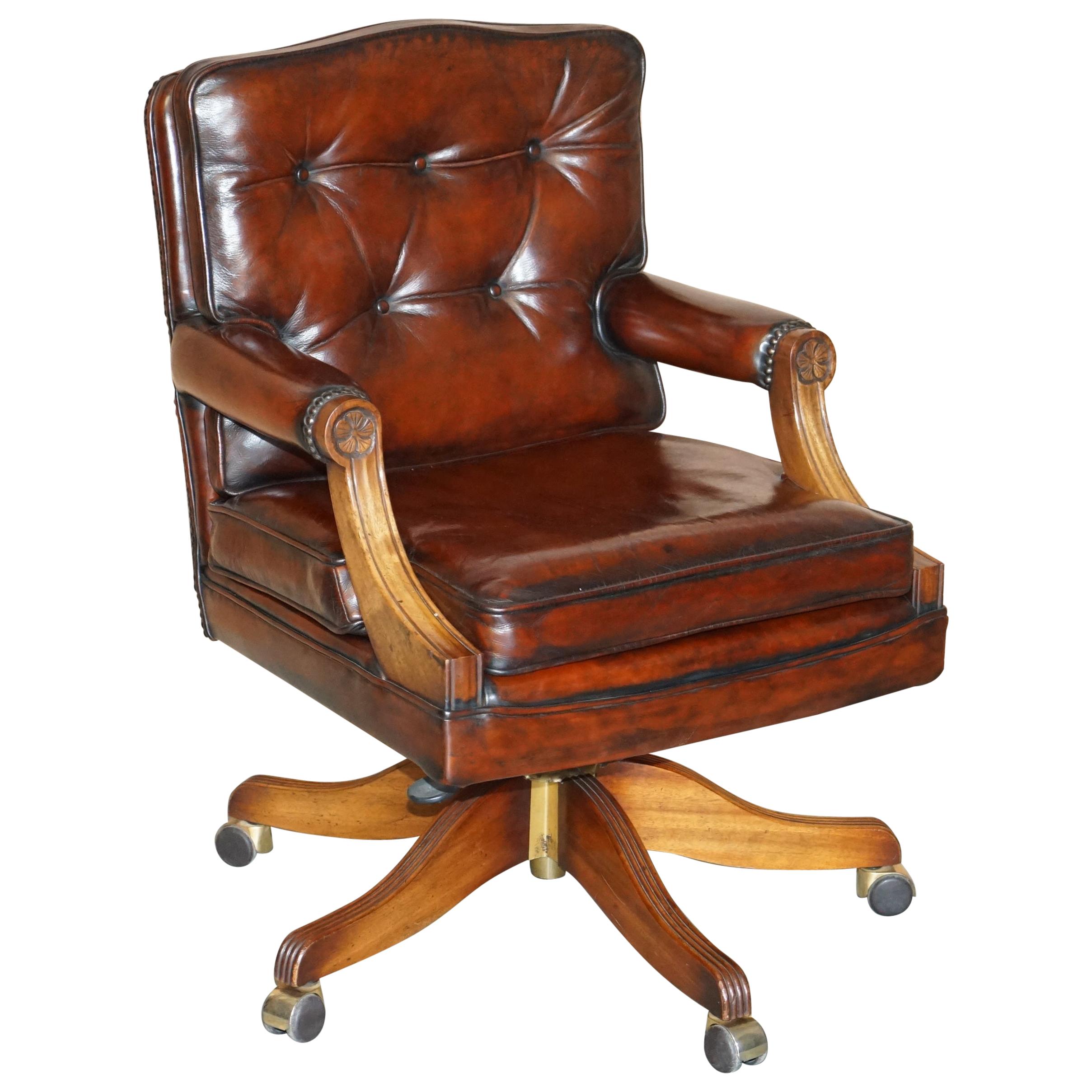 Fully Restored Cigar Brown Leather Oak Framed Chesterfield Captains Armchair