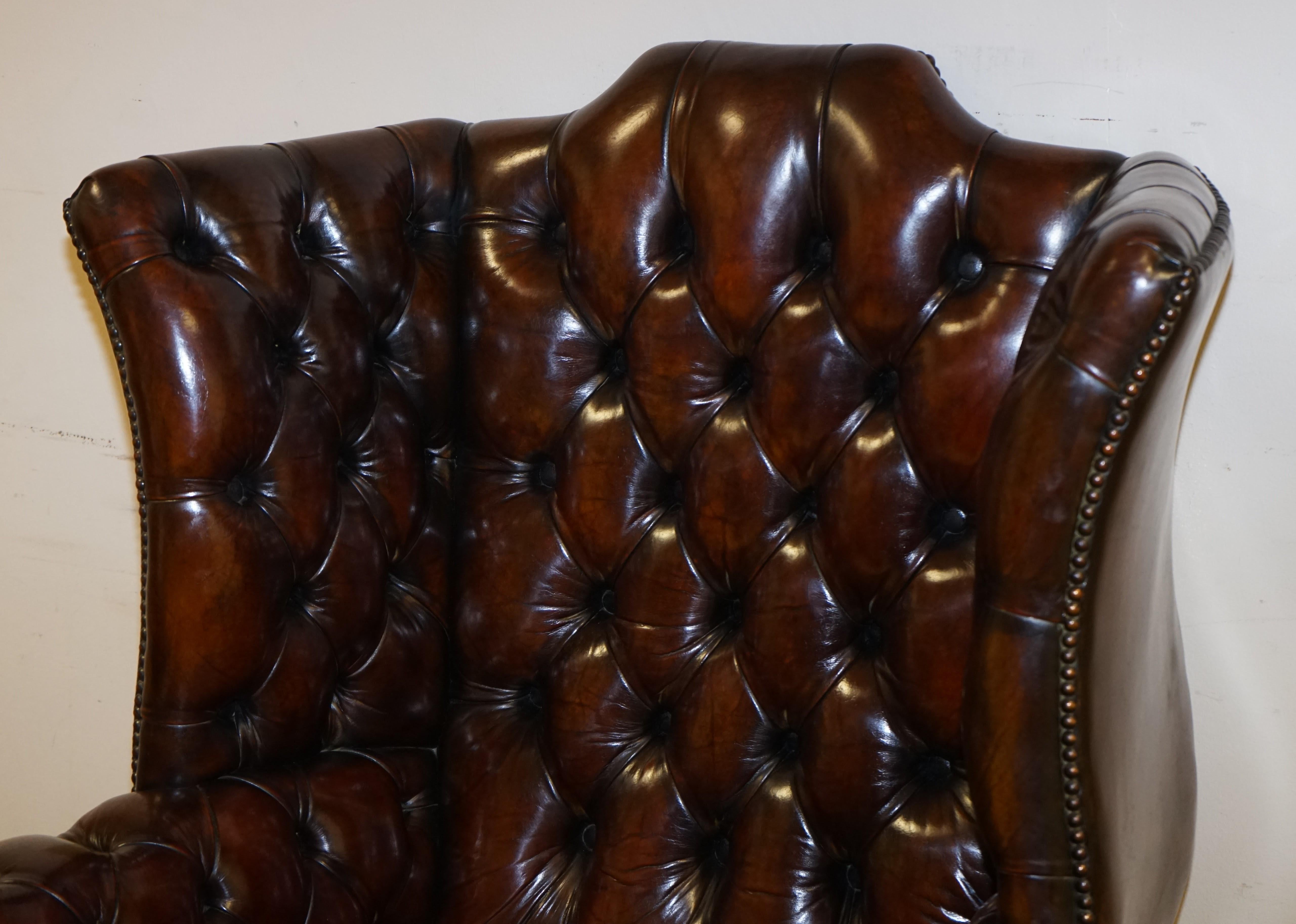 Fully Restored Cigar Brown Pair of H Framed Chesterfield Wingback 3