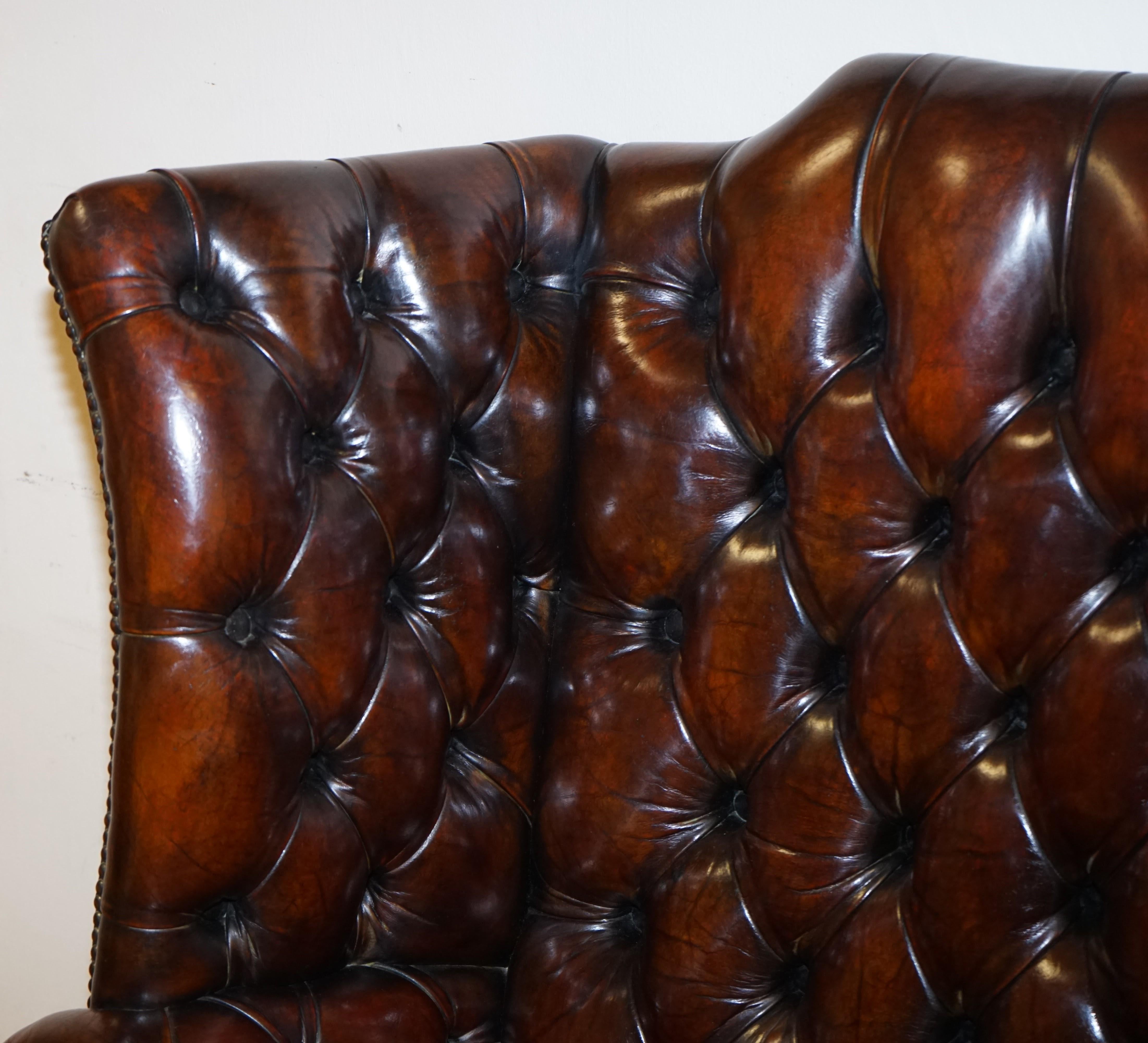 Fully Restored Cigar Brown Pair of H Framed Chesterfield Wingback 4