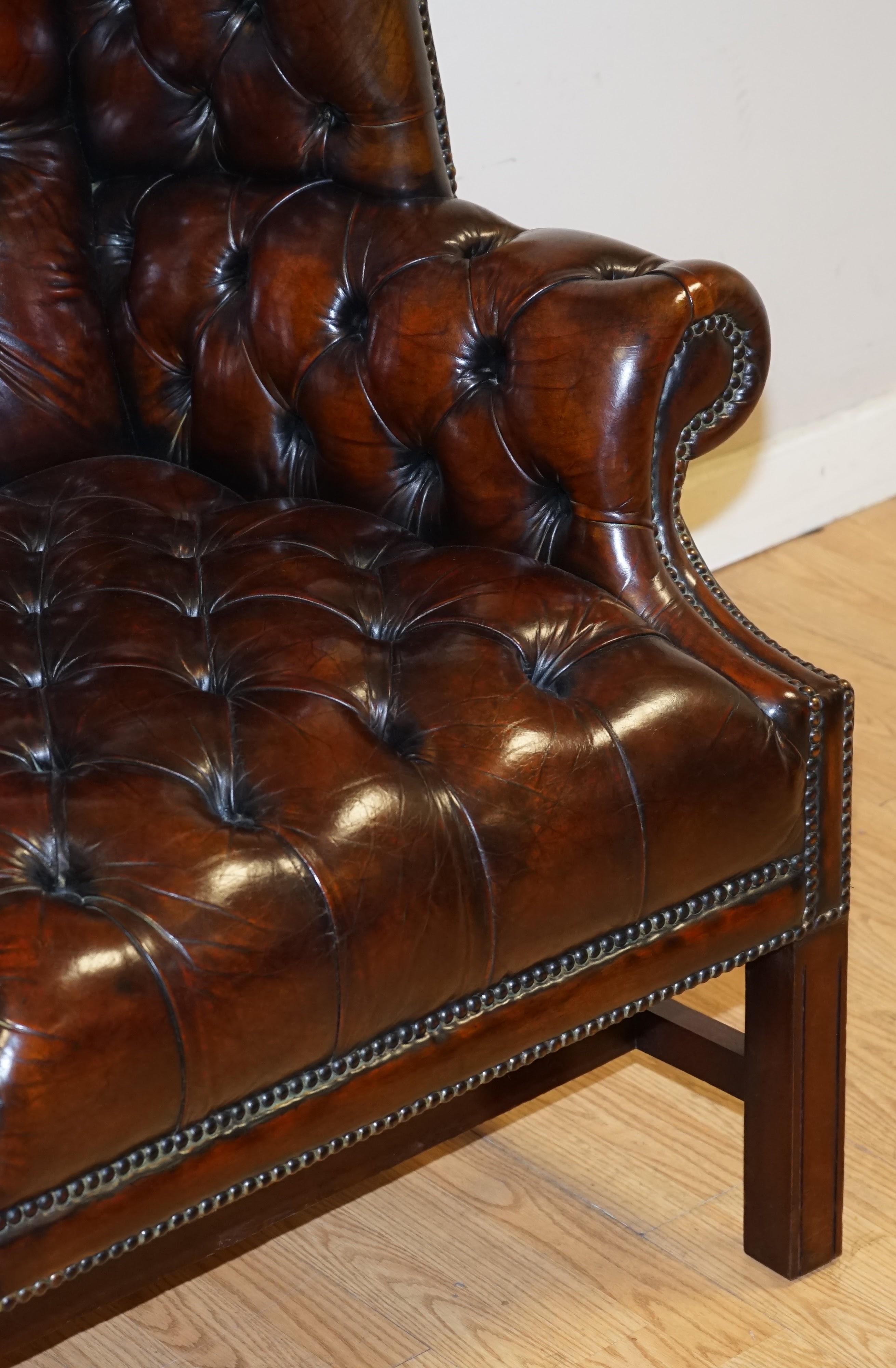 Fully Restored Cigar Brown Pair of H Framed Chesterfield Wingback 5