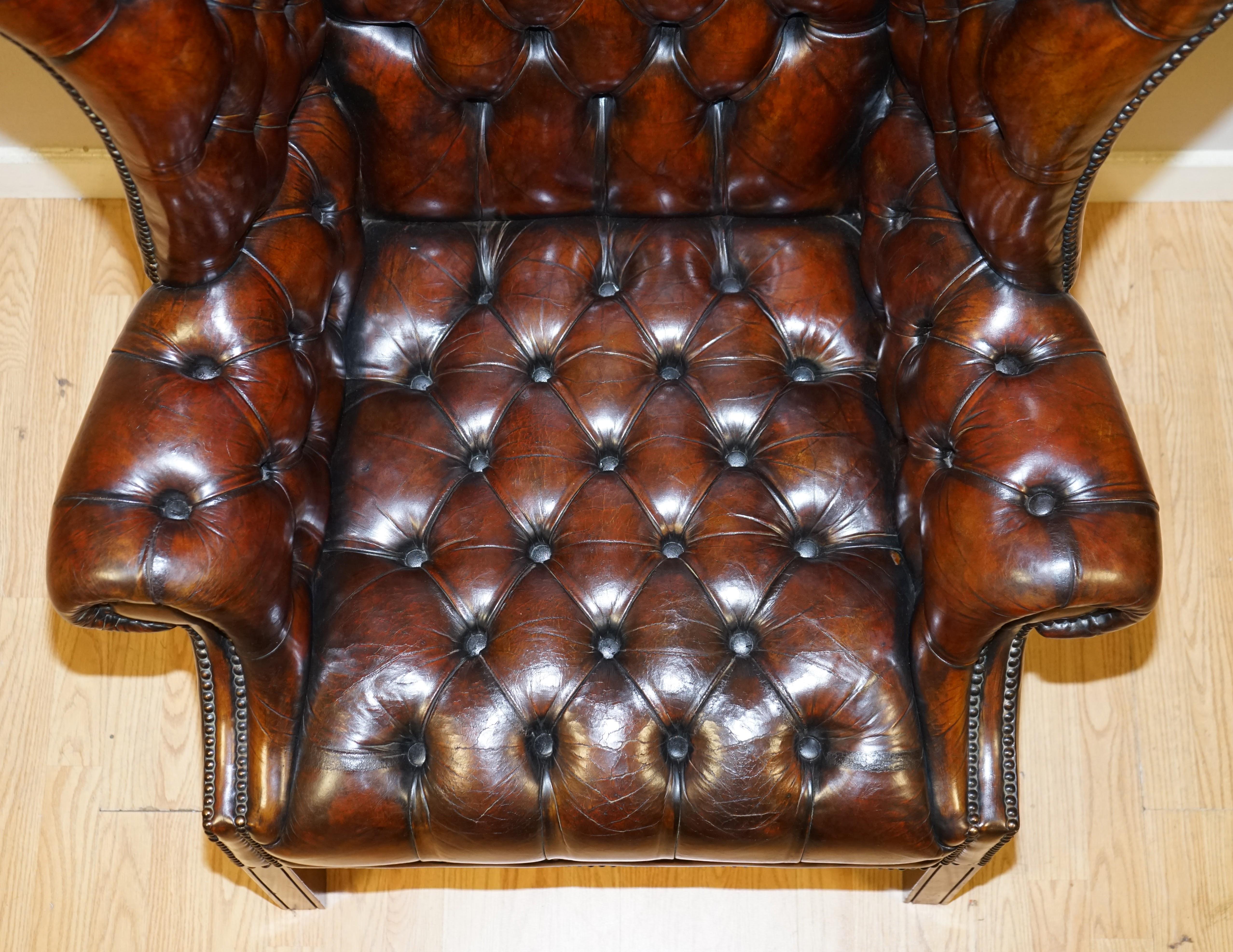 Hand-Crafted Fully Restored Cigar Brown Pair of H Framed Chesterfield Wingback