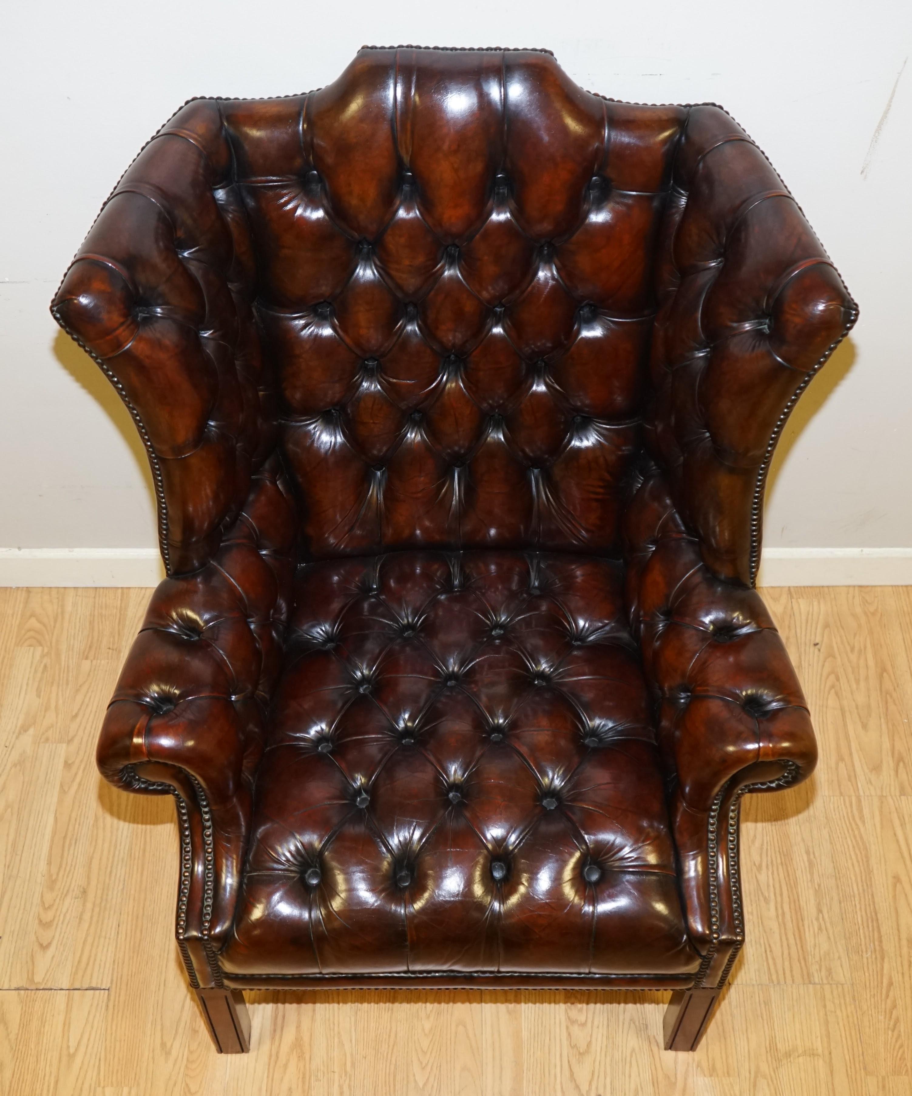Fully Restored Cigar Brown Pair of H Framed Chesterfield Wingback 1