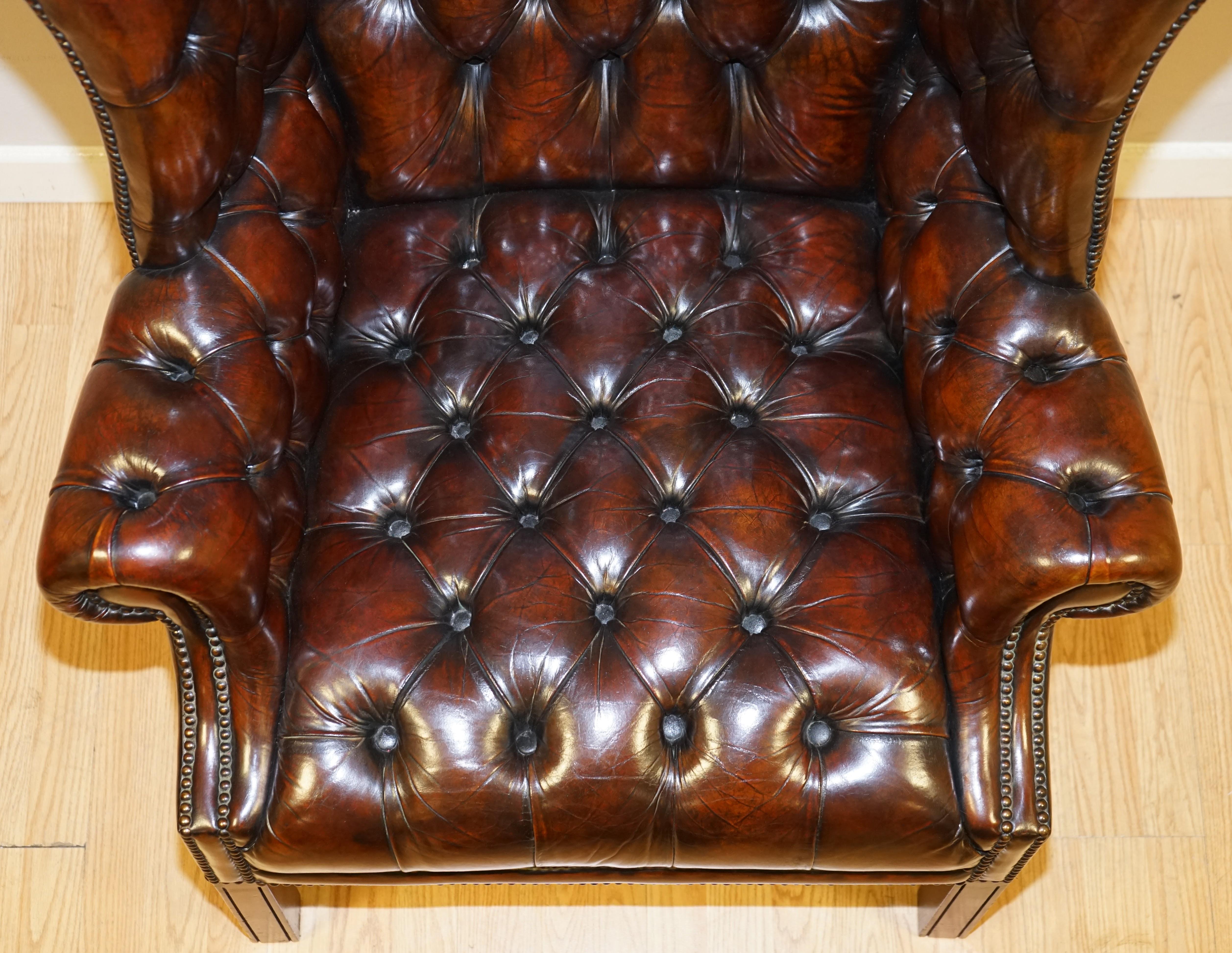 Fully Restored Cigar Brown Pair of H Framed Chesterfield Wingback 2