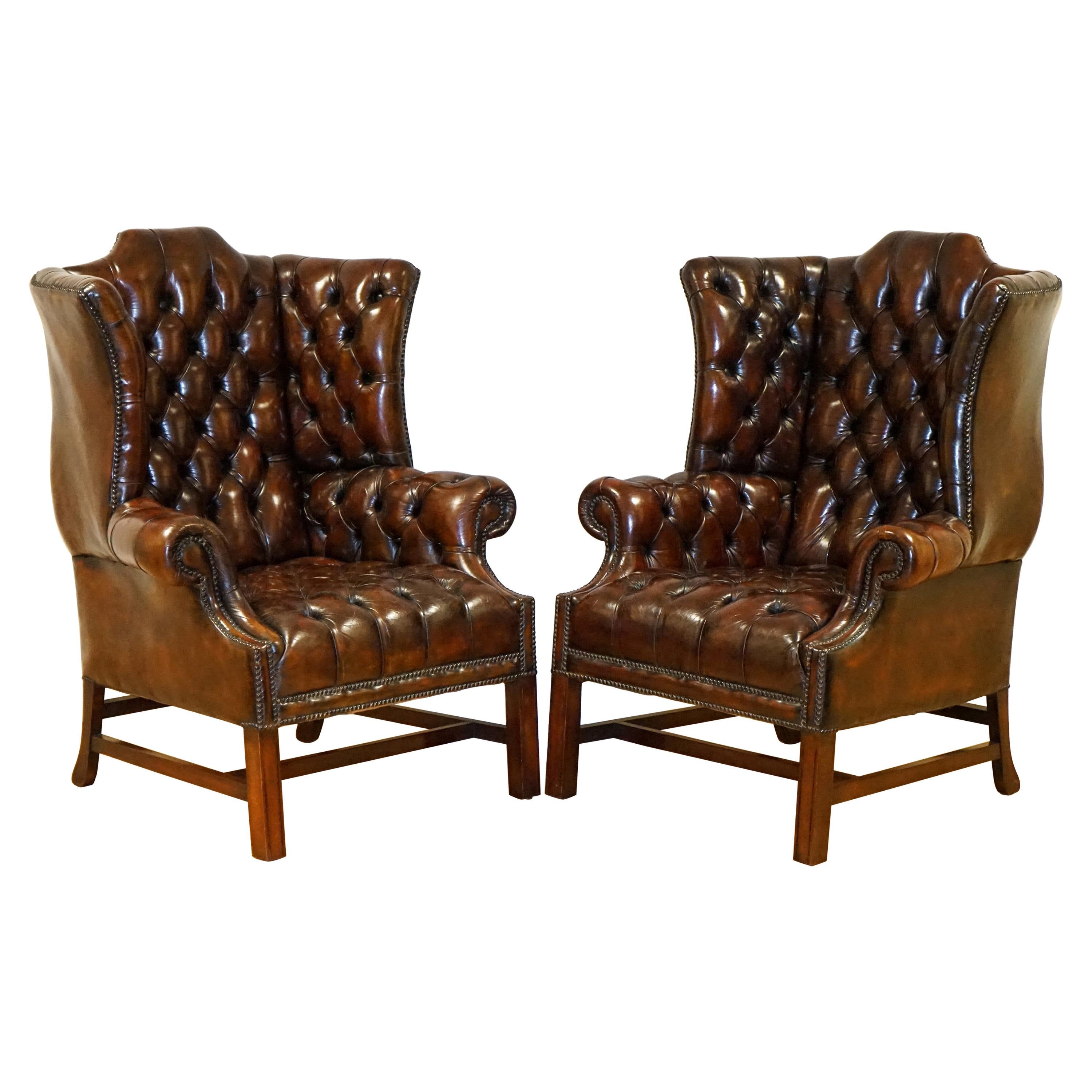 Fully Restored Cigar Brown Pair of H Framed Chesterfield Wingback