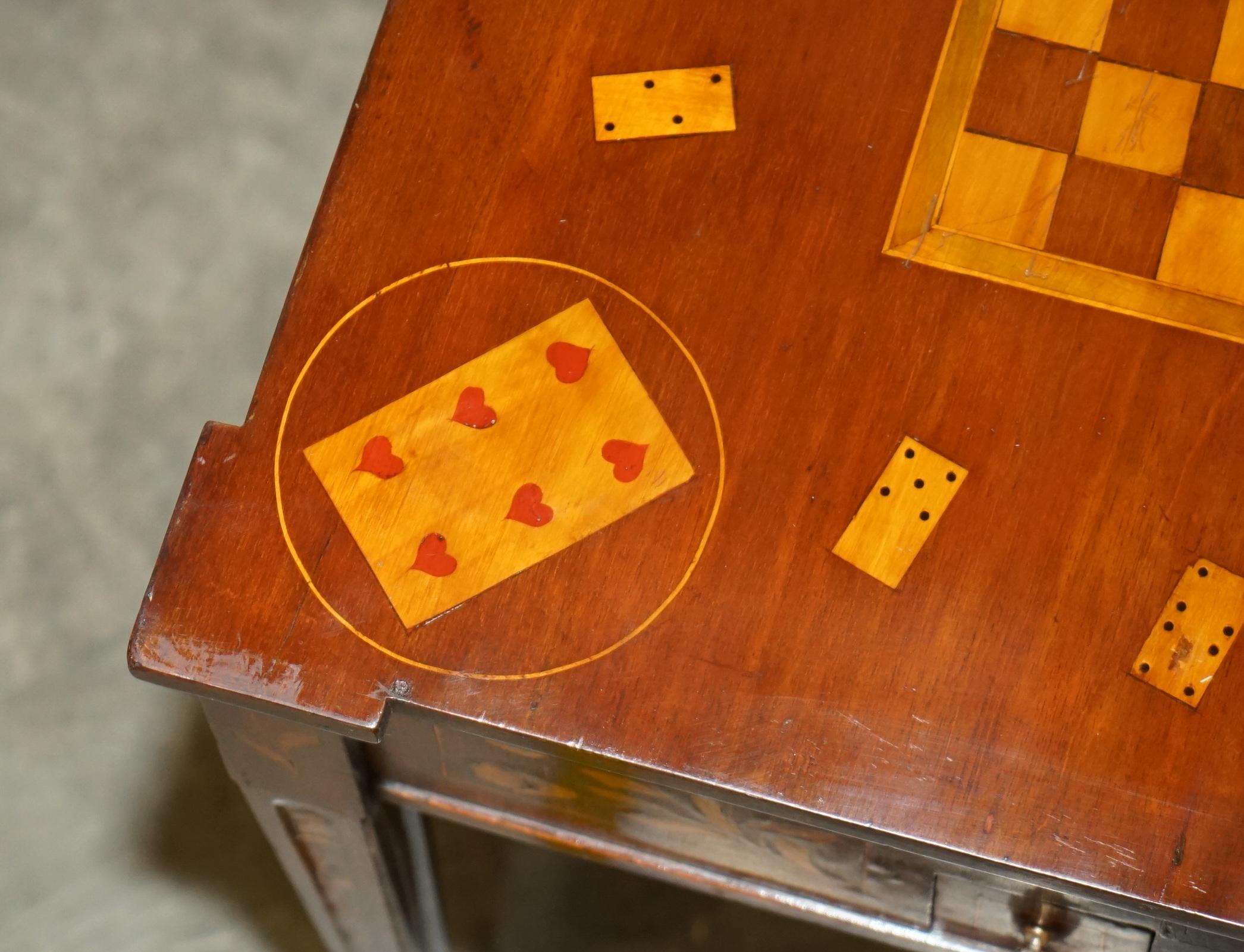 FULLY RESTORED CiRCA 1800 DUTCH MARQUETRY INLAID CHESS POKER GAMES CARDS TABLE For Sale 9