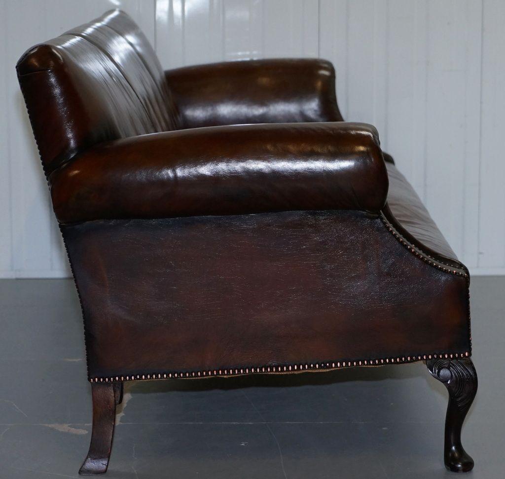 Fully Restored Deep Brown Leather Chesterfield Club Sofa Carved Wood Leaf Legs 3