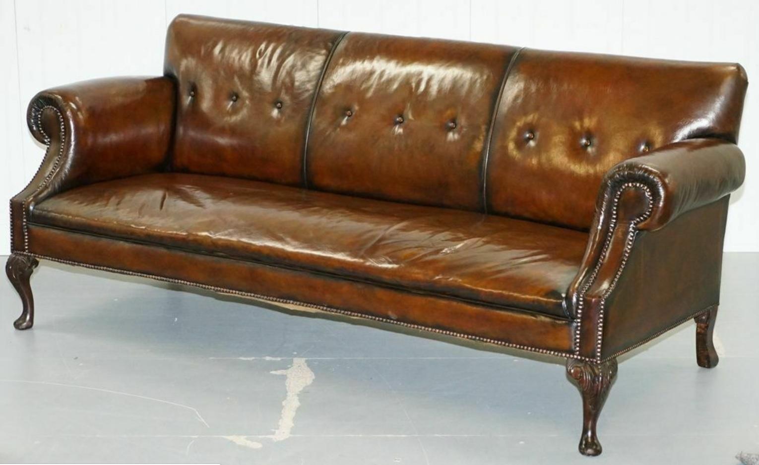 We are delighted to sale this stunning fully restored cigar brown leather chesterfield three-seat sofa

This sofa is in lovely fully restored condition, quite simple and understated by design however if you look closely it has nice detailing, the