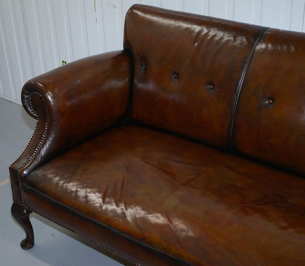 English Fully Restored Deep Brown Leather Chesterfield Club Sofa Carved Wood Leaf Legs
