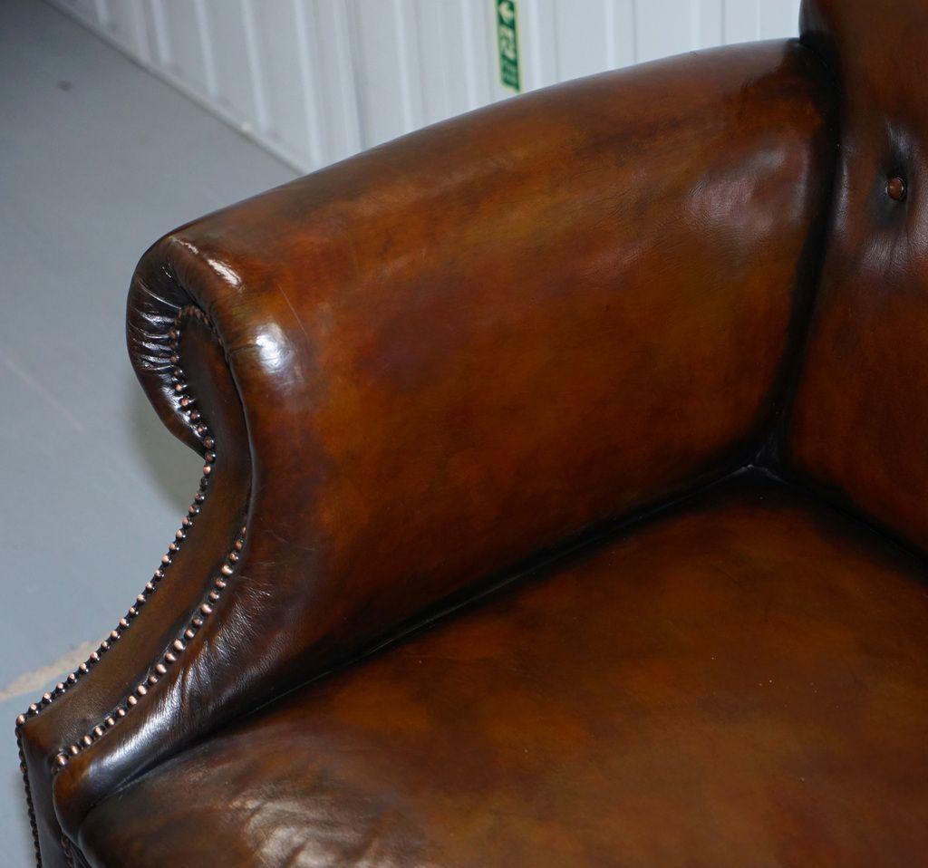 20th Century Fully Restored Deep Brown Leather Chesterfield Club Sofa Carved Wood Leaf Legs