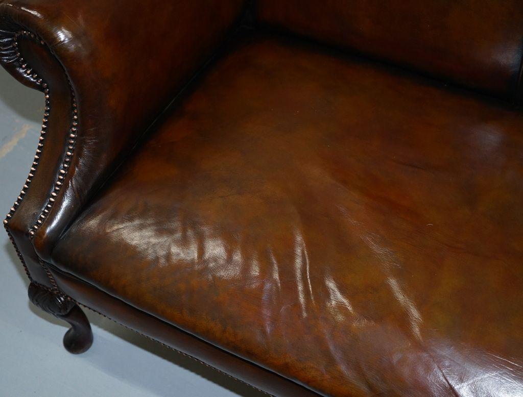 Fully Restored Deep Brown Leather Chesterfield Club Sofa Carved Wood Leaf Legs 1