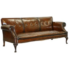 Vintage Fully Restored Deep Brown Leather Chesterfield Club Sofa Carved Wood Leaf Legs