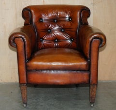 FULLY RESTORED EDWARDiAN CHESTERFIELD HAND DYED BROWN LEATHER TUB CLUB ARMCHAIR